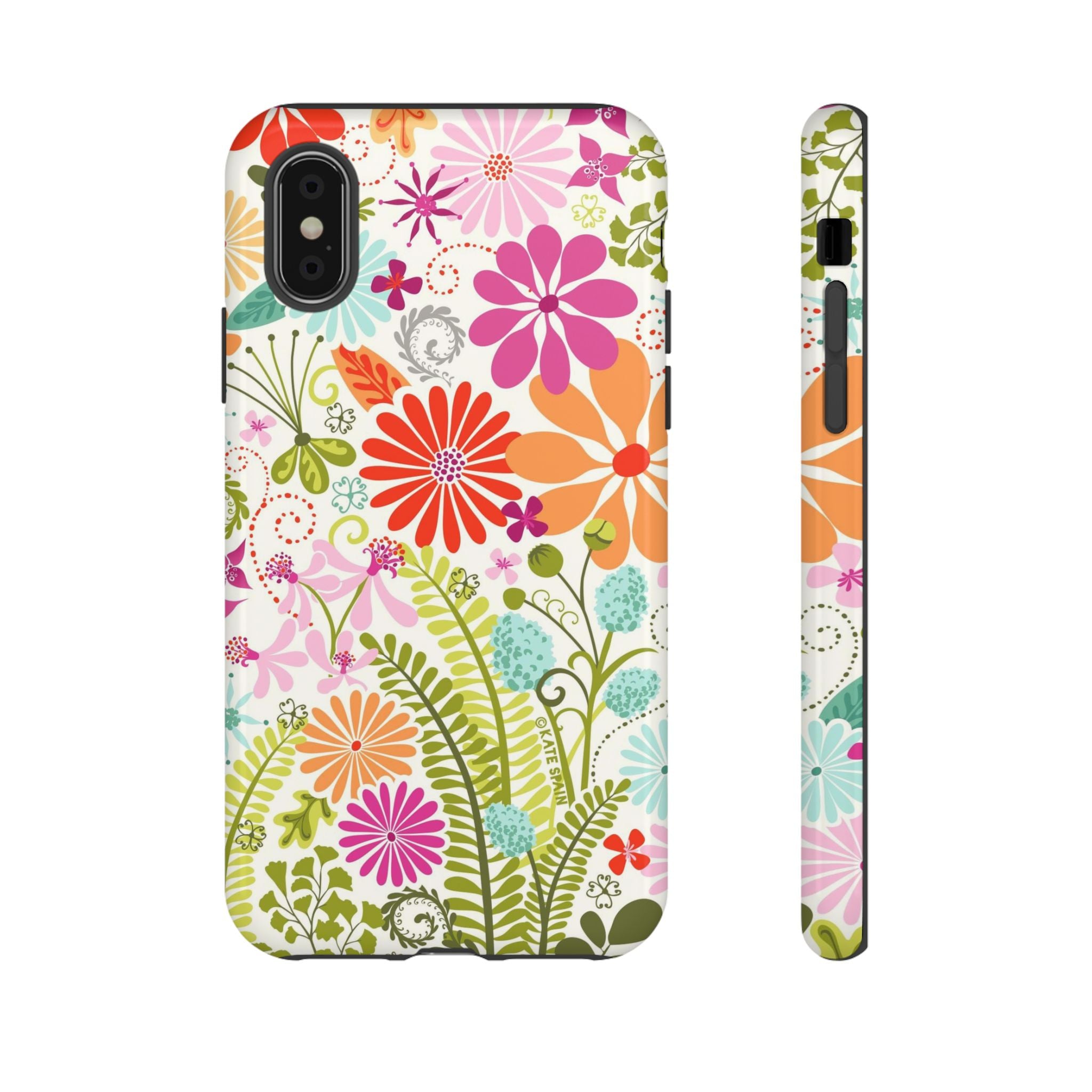 Luxury Terrain Tough iPhone Case – detail view | white, magenta, coral botanical woodland floral print