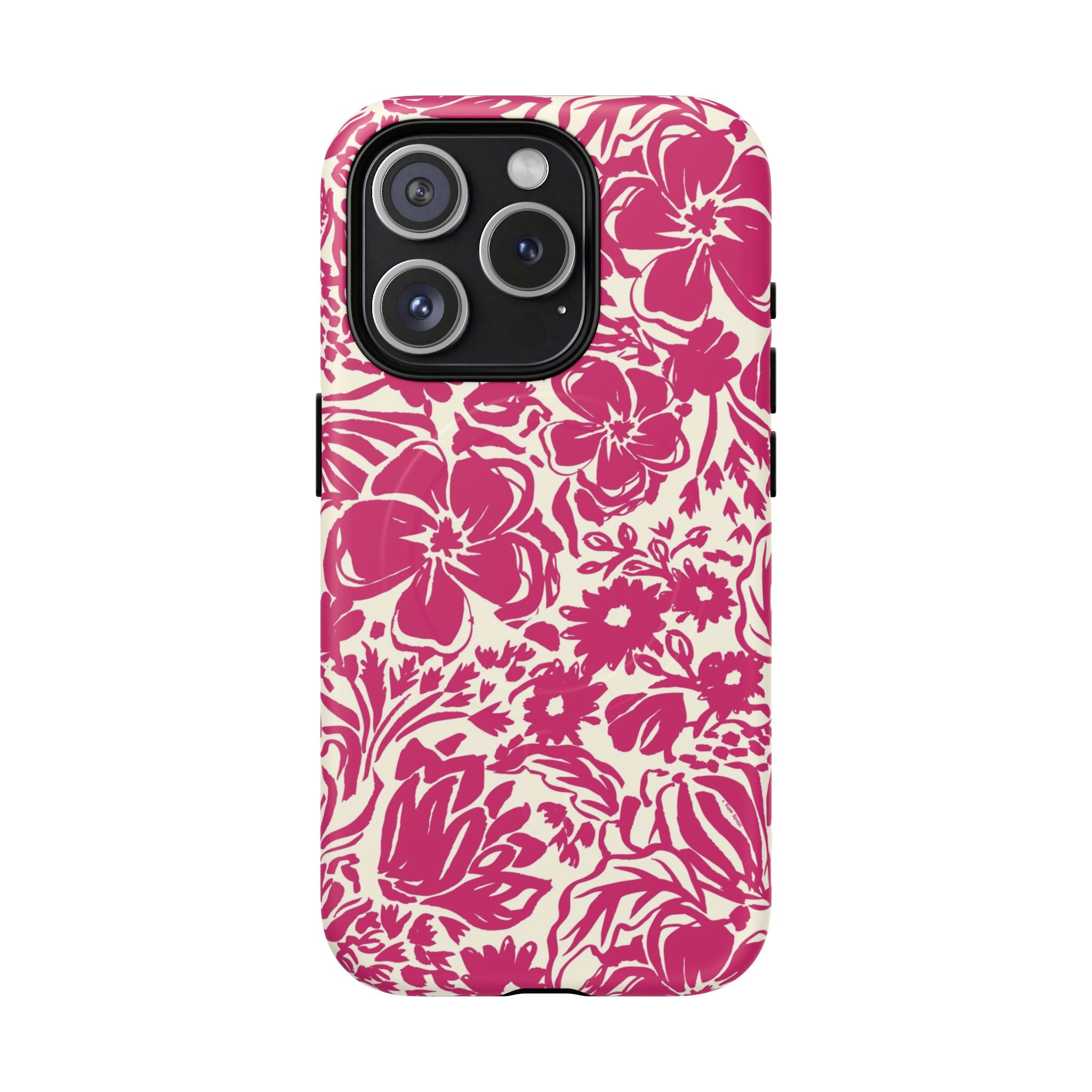 Rhapsody Bright Pink MagSafe iPhone 15 Pro Matte case — bold magenta floral print on cream by Kate Spain