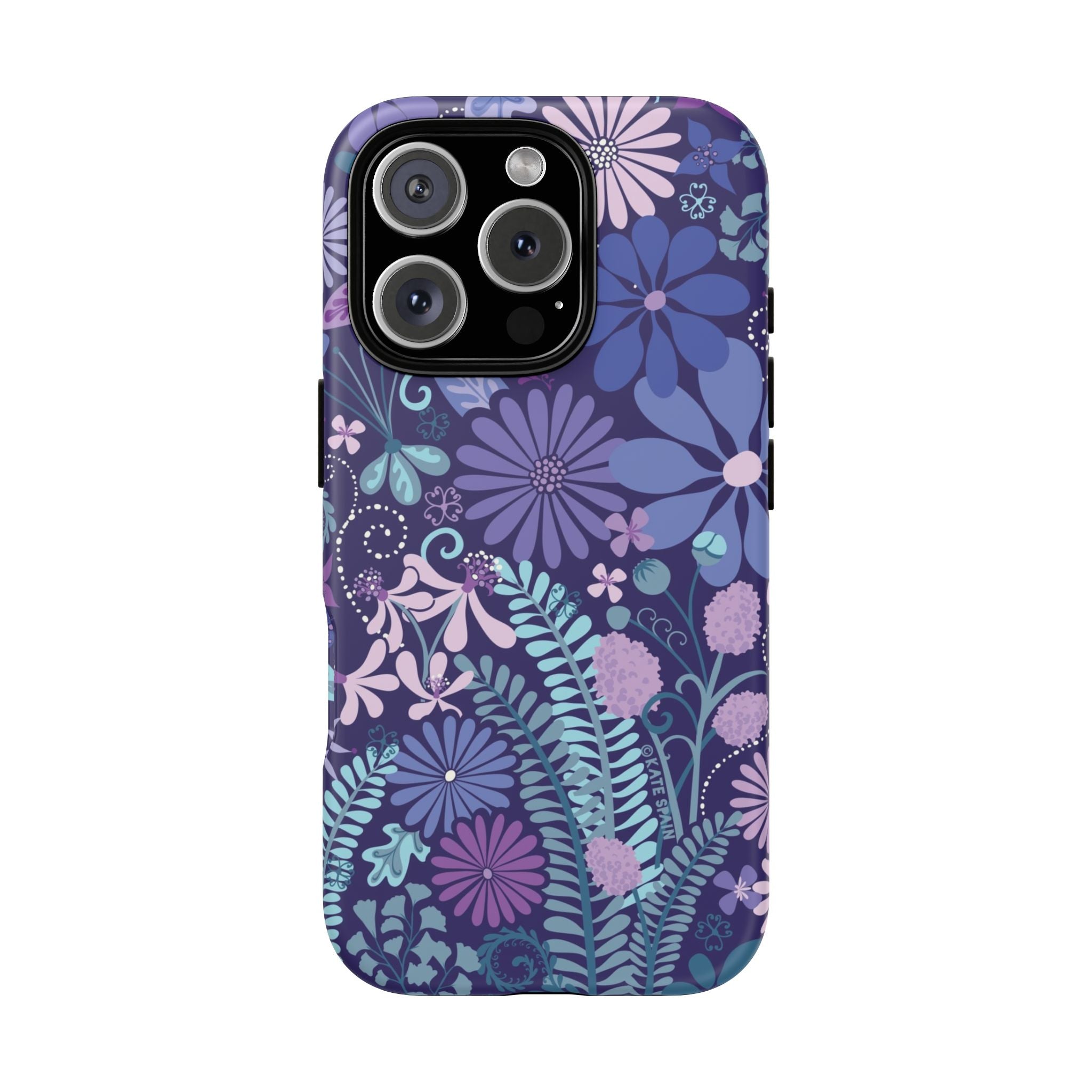 Luxury Terrain Tough iPhone 16 Pro Case – Glossy | navy, purple, aqua botanical woodland floral print