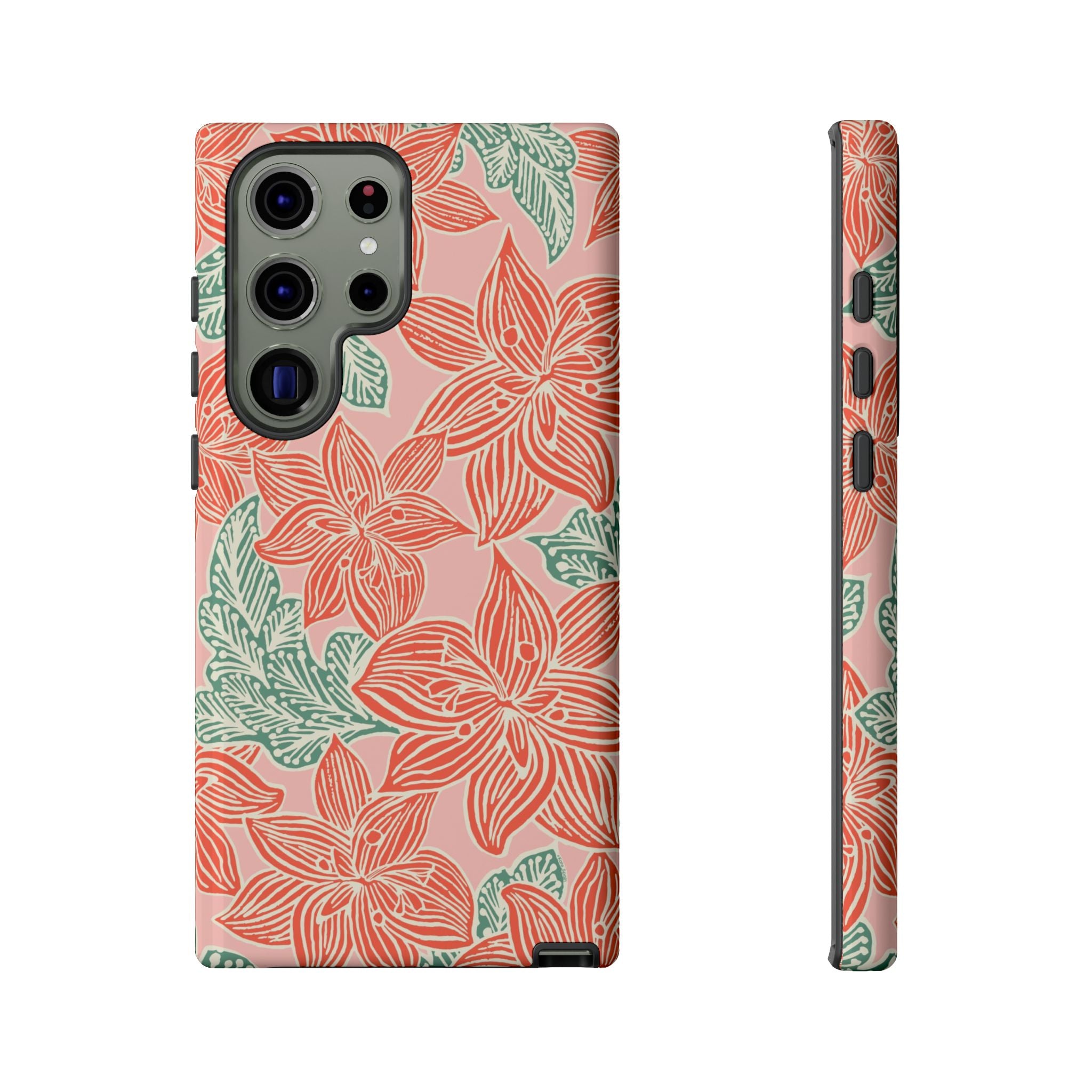 Hibiscus Coral Samsung Galaxy S23 Ultra Glossy Case — blush pink hard case with large-scale coral red hibiscus flowers and teal-green leaves in a bold botanical linework print, densely layered across the surface