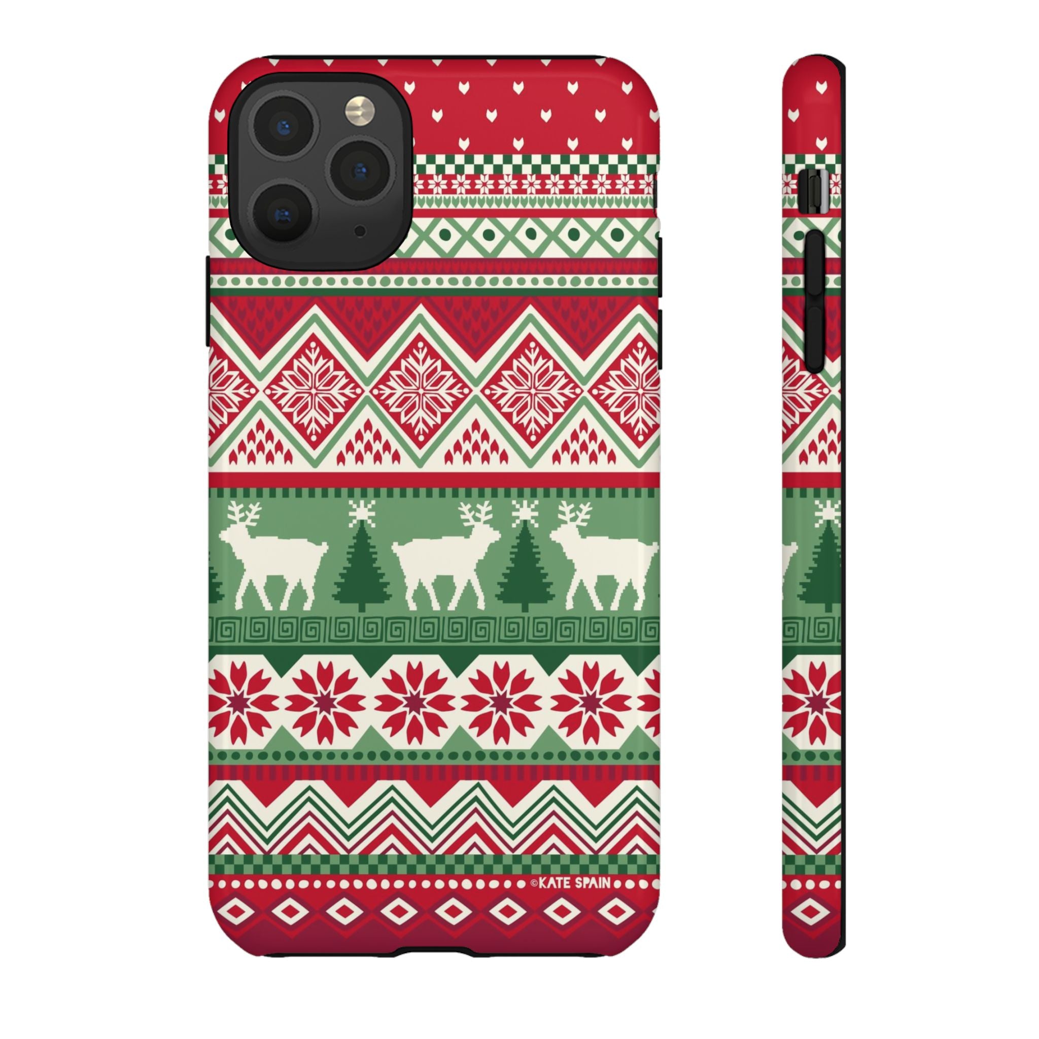 Telemark Tough iPhone 11 Pro Max Case – Glossy | red, green, cream fair isle reindeer Nordic print