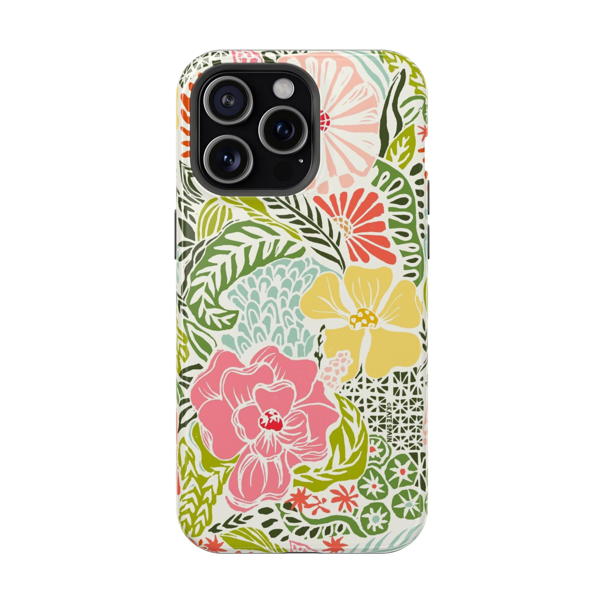 Tropica MagSafe iPhone 15 Pro Max Case – Glossy | cream, pink, yellow, blue botanical floral print MagSafe compatible, dual-layer protection