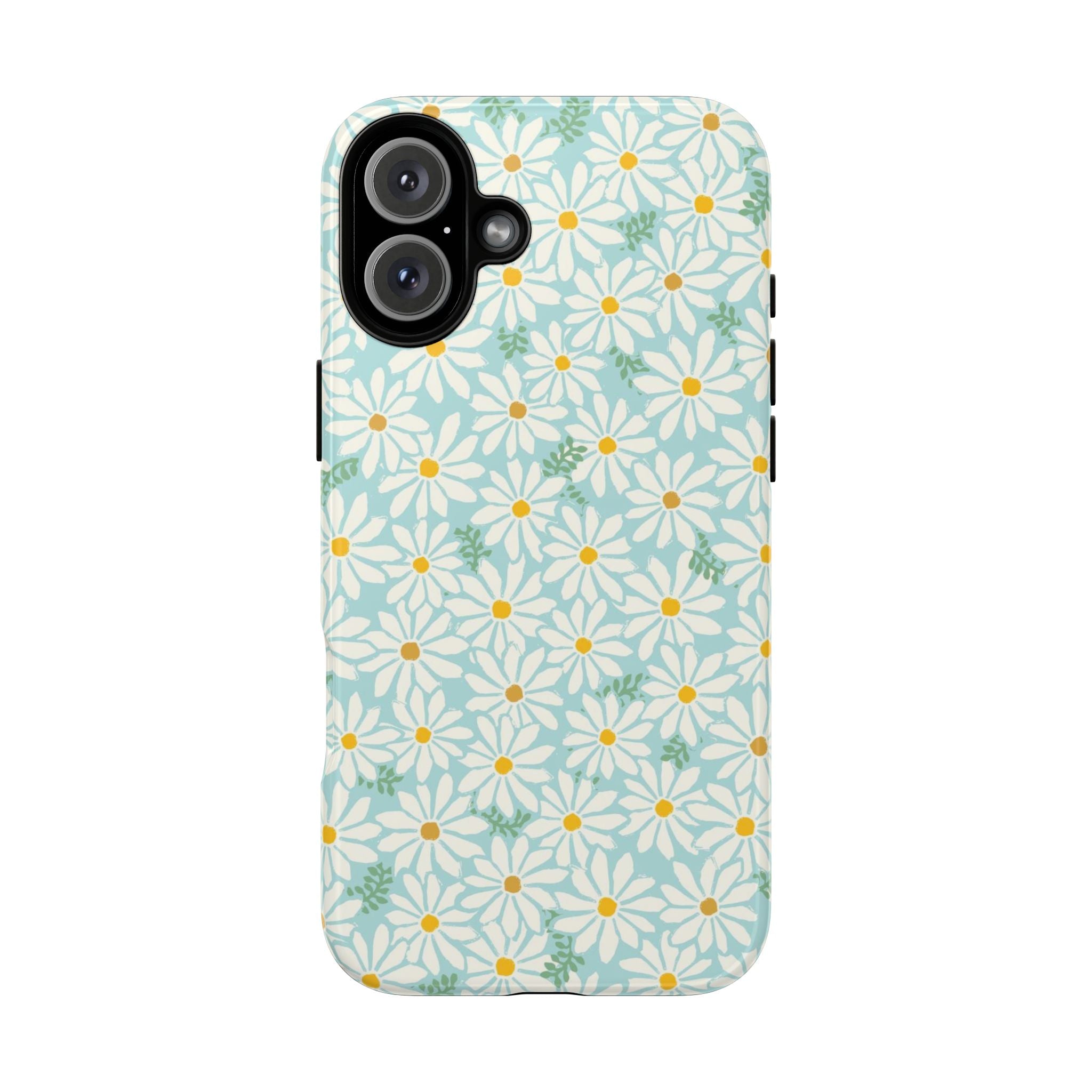 Daisies Tough iPhone 16 Case – Matte | sky blue, white daisy print, golden yellow centers, mint green leaves dual-layer protection