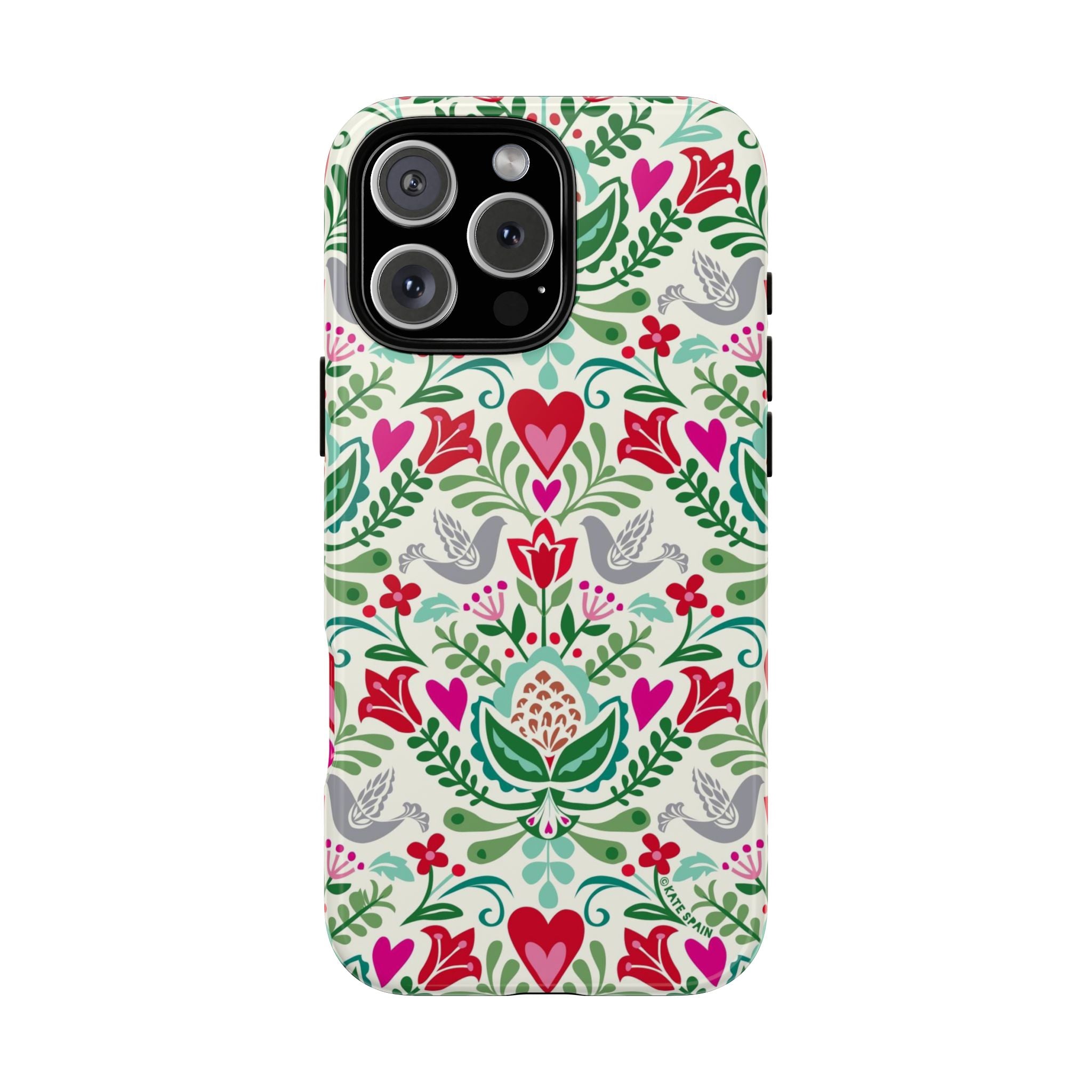 Rosemaling Tough iPhone 16 Pro Case – Matte | cream, red, pink, green, gray folk art floral bird print