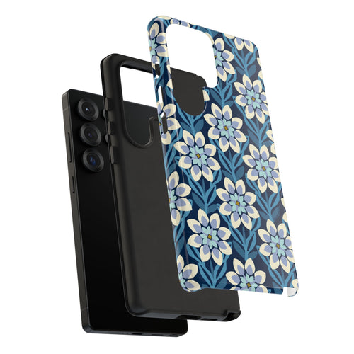 Luxury Modern Dahlia Samsung Galaxy S25 Ultra Case – Matte | Structured look of the shock-absorbing layering of the case in navy, white, periwinkle modern dahlia print