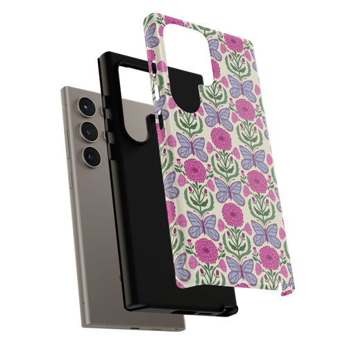 Luxury Butterfly Samsung Galaxy S24 Ultra Case – Glossy | close-up of shock-absorbing layer construction of case in cream, magenta, periwinkle butterfly floral print