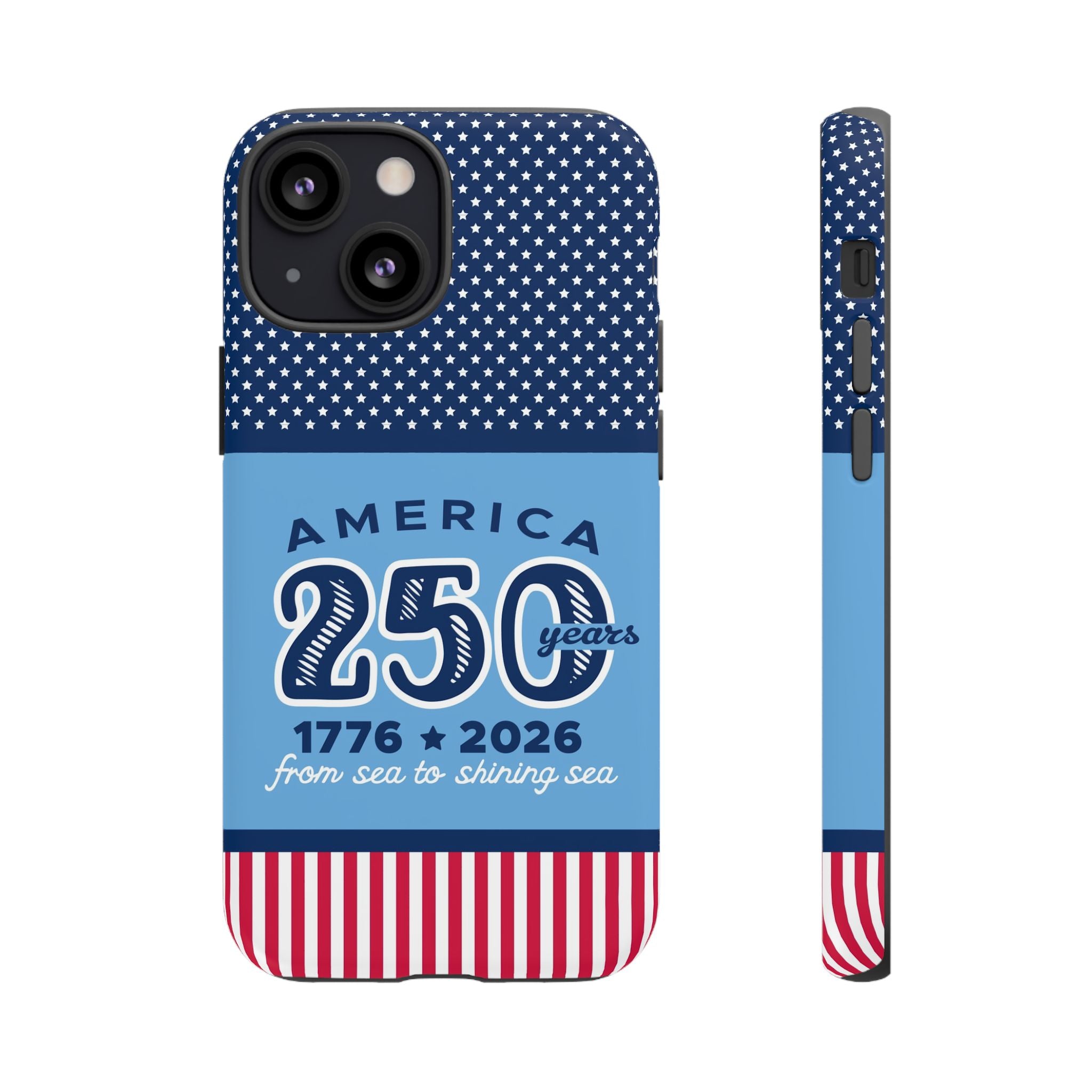 Sea to Shining Sea Tough iPhone 13 Mini Case – Matte | navy, sky blue, red, white American stars & stripes 250th anniversary print