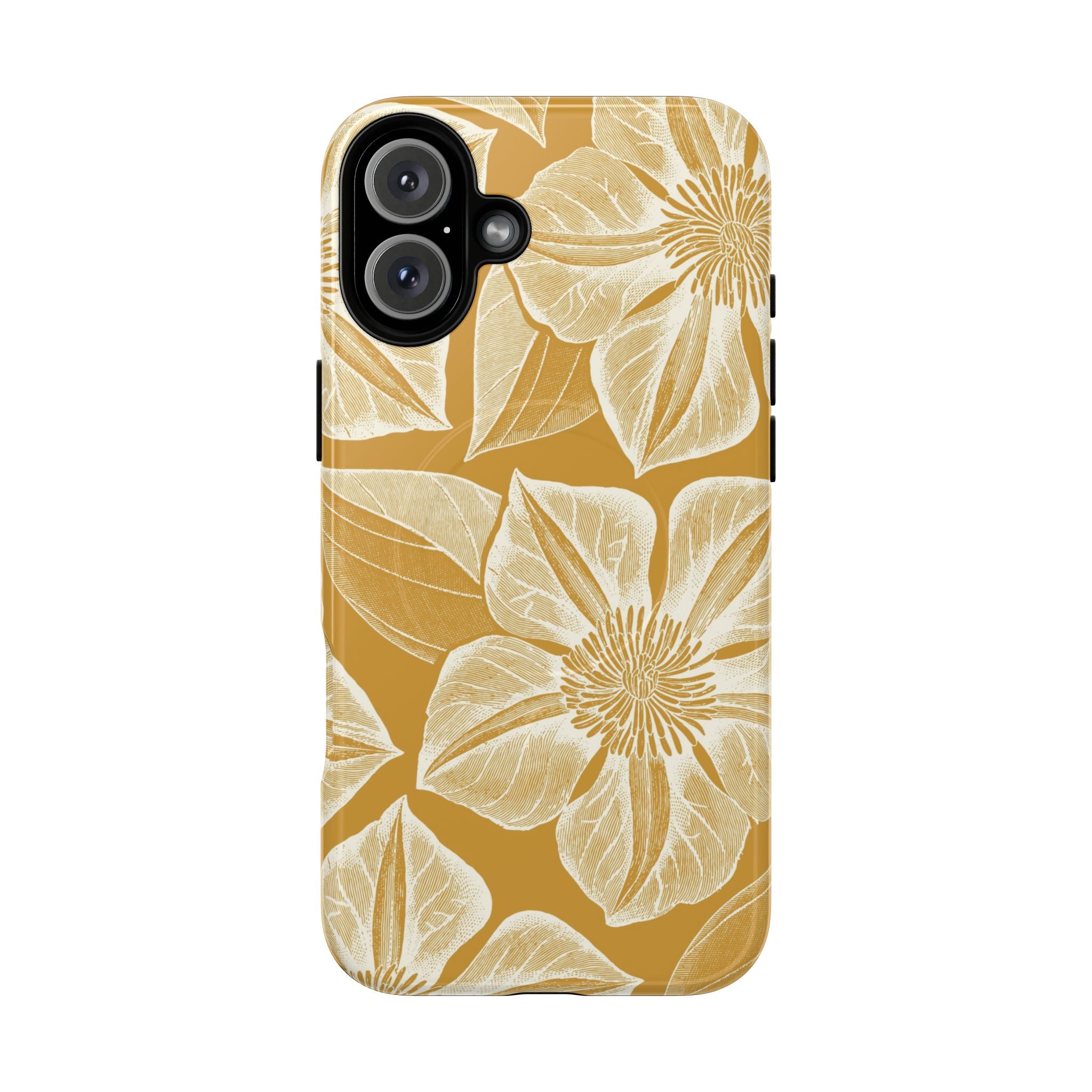 Vintage Bloom Gold MagSafe iPhone 16 Plus Case – Glossy | warm gold ground, large-scale cream clematis print, engraved petal detail, dual-layer protection