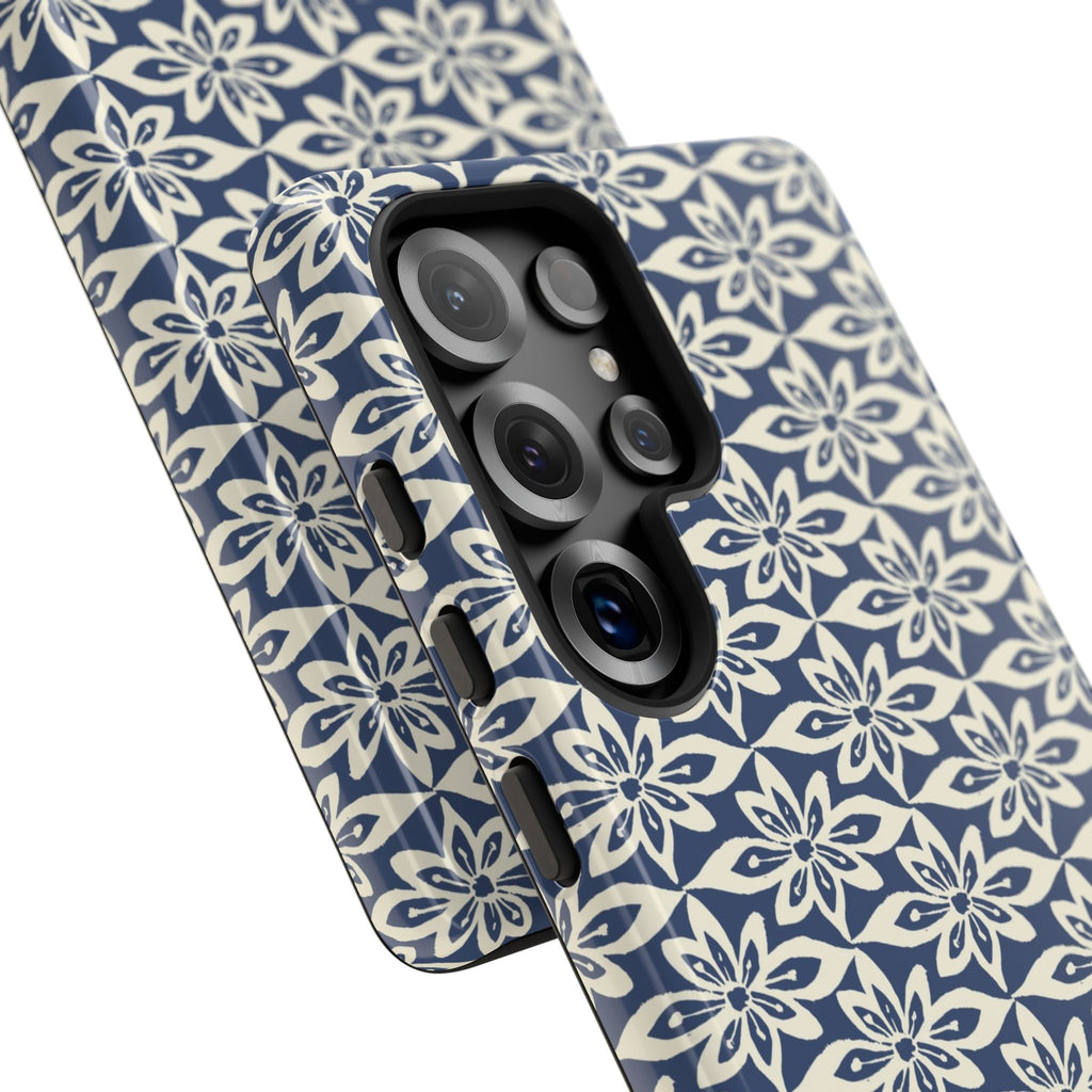 Lily Navy Blue Samsung Galaxy S25 Ultra Glossy case — side angled view showing camera cutout and buttons — graphic white lily on deep navy by Kate Spain