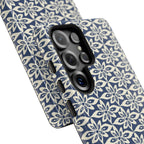 Lily Navy Blue Samsung Galaxy S25 Ultra Glossy case — side angled view showing camera cutout and buttons — graphic white lily on deep navy by Kate Spain