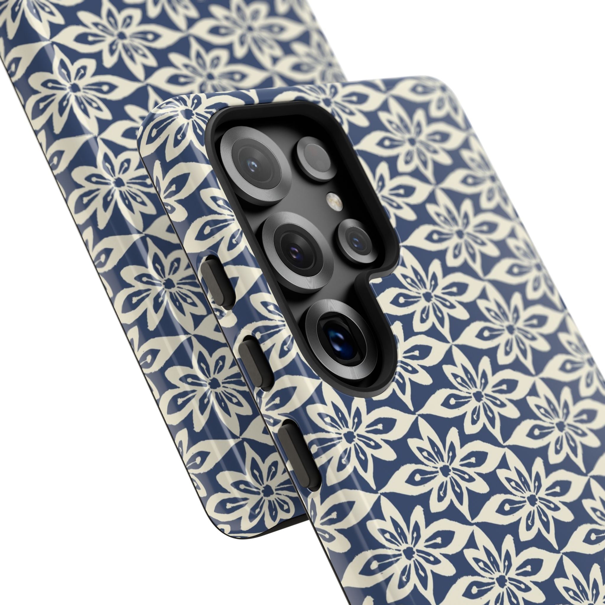 Lily Navy Blue Samsung Galaxy S25 Ultra Glossy case — side angled view showing camera cutout and buttons — graphic white lily on deep navy by Kate Spain