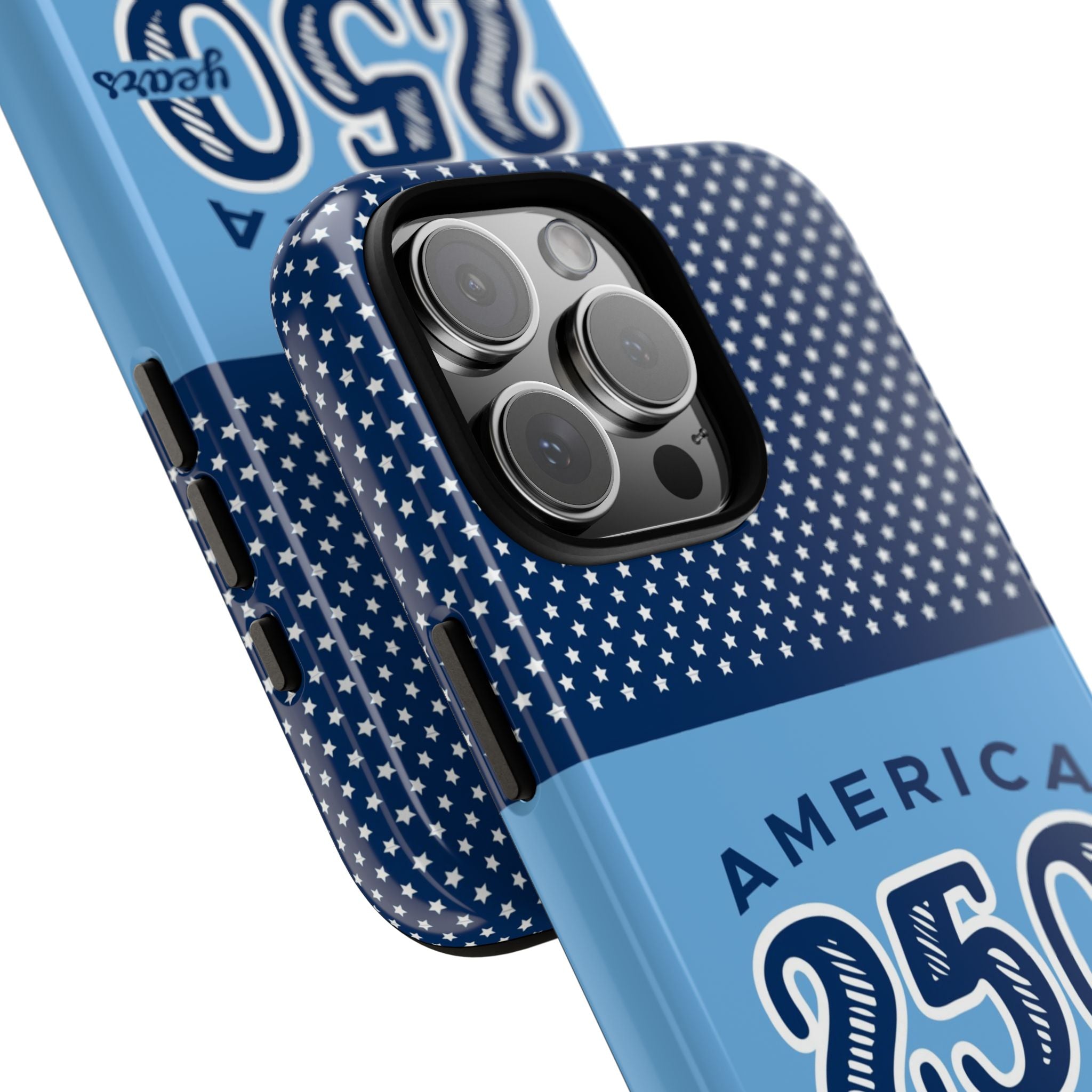 Sea to Shining Sea Tough iPhone 16 Pro Max Case – angled view of close-up of buttons and camera cutout of case in navy, sky blue, red, white American stars & stripes 250th anniversary print