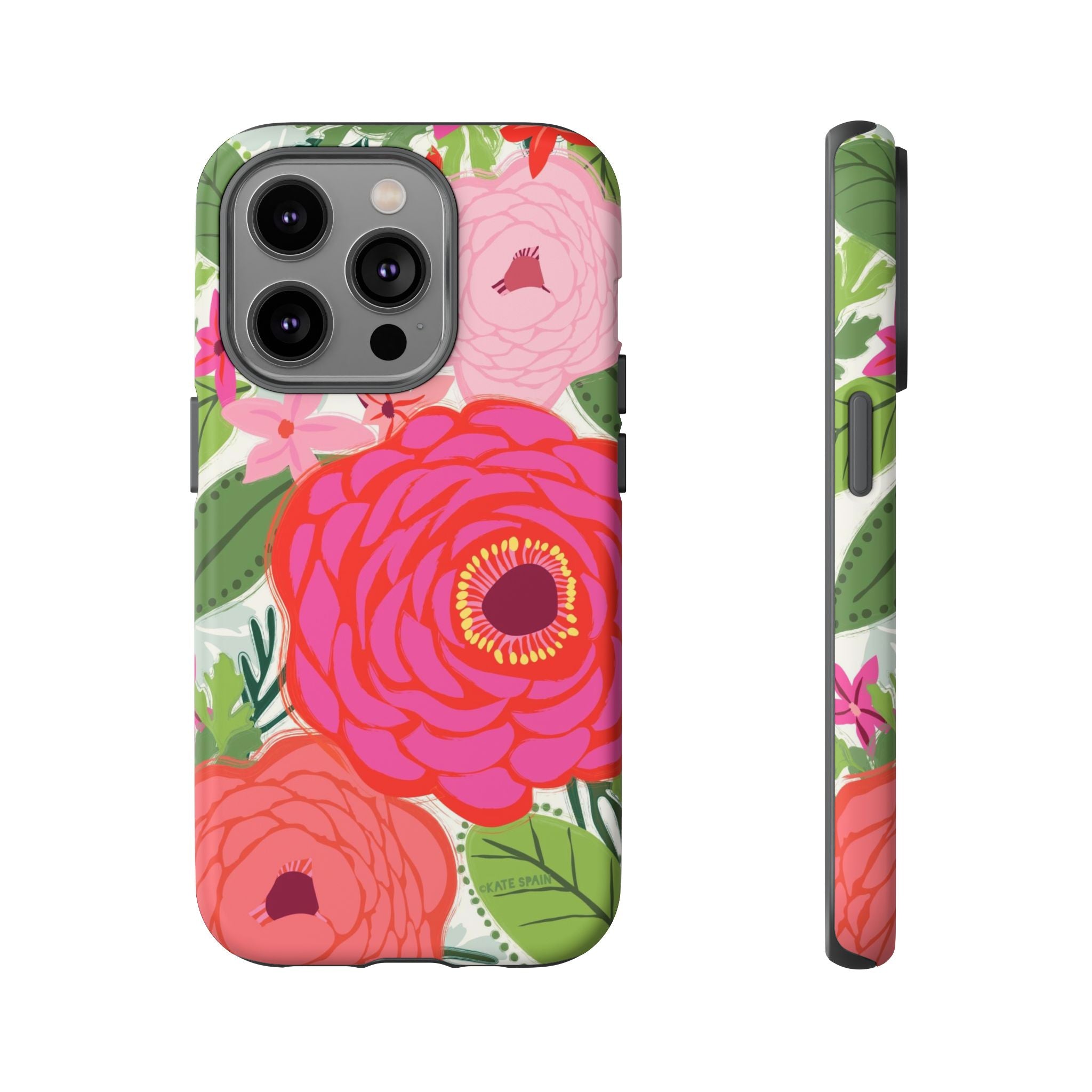 Bloomerie Tough iPhone 14 Pro Case – Matte | cream, magenta, coral botanical peony floral print