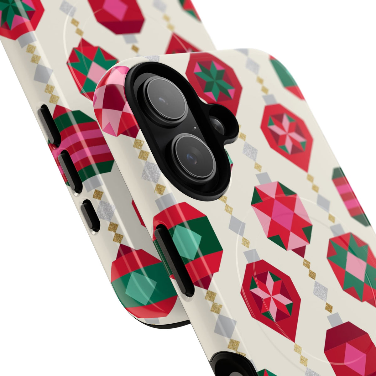 Felicity Ornaments MagSafe iPhone Case – detail view of case, camera cutout and buttons | holiday ornament print