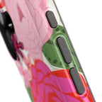 Bloomerie MagSafe iPhone 17 Case – close-up of buttons on side of case | cream, magenta, coral botanical peony floral print