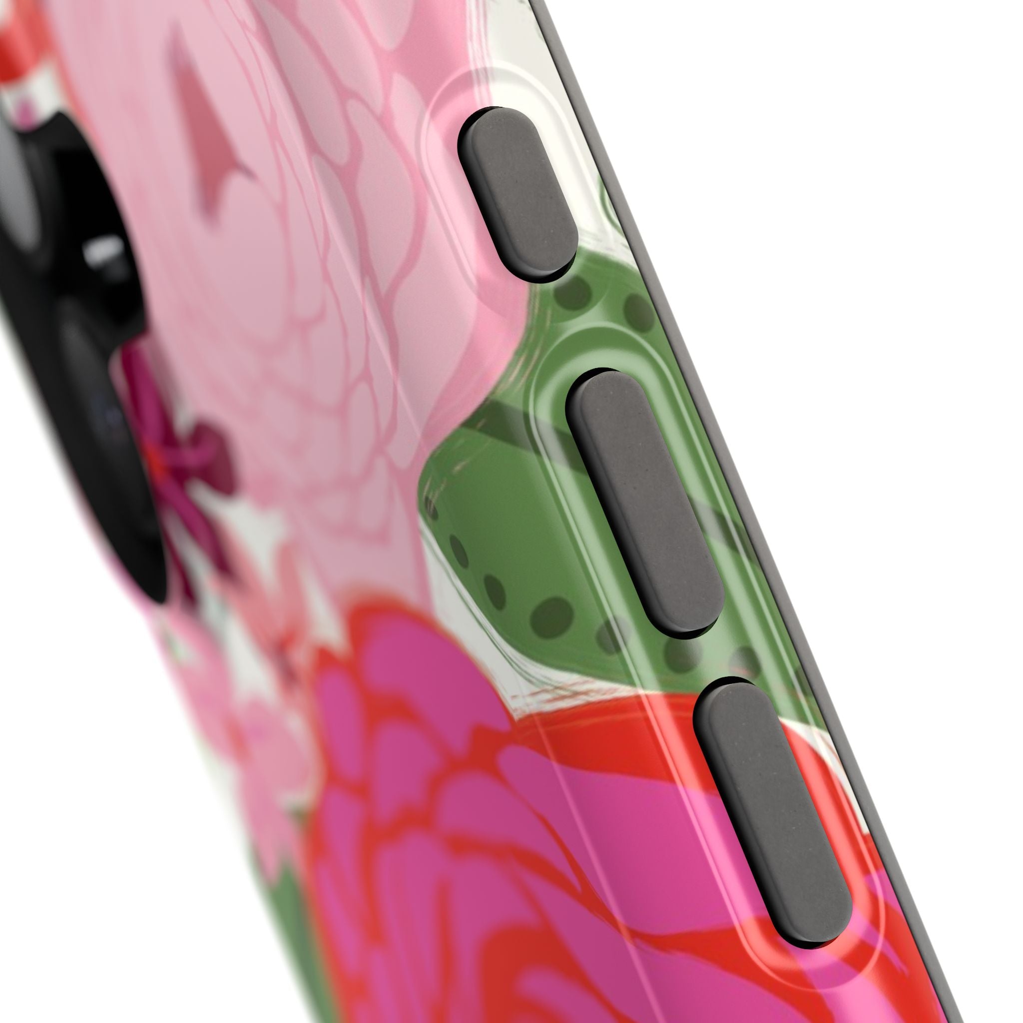 Bloomerie MagSafe iPhone 17 Case – close-up of buttons on side of case | cream, magenta, coral botanical peony floral print