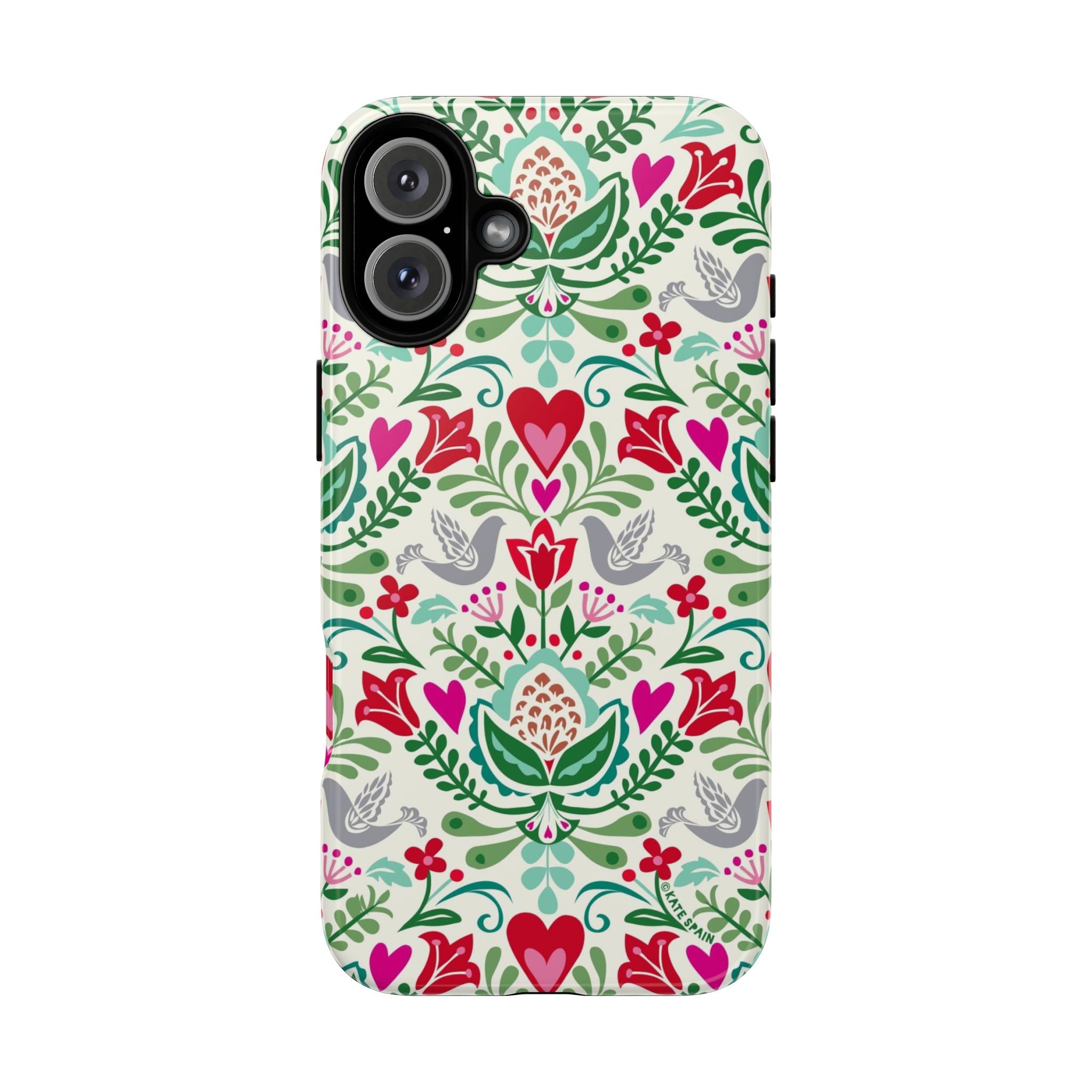 Rosemaling Tough iPhone 16 Plus Case – Glossy | cream, red, pink, green, gray folk art floral bird print