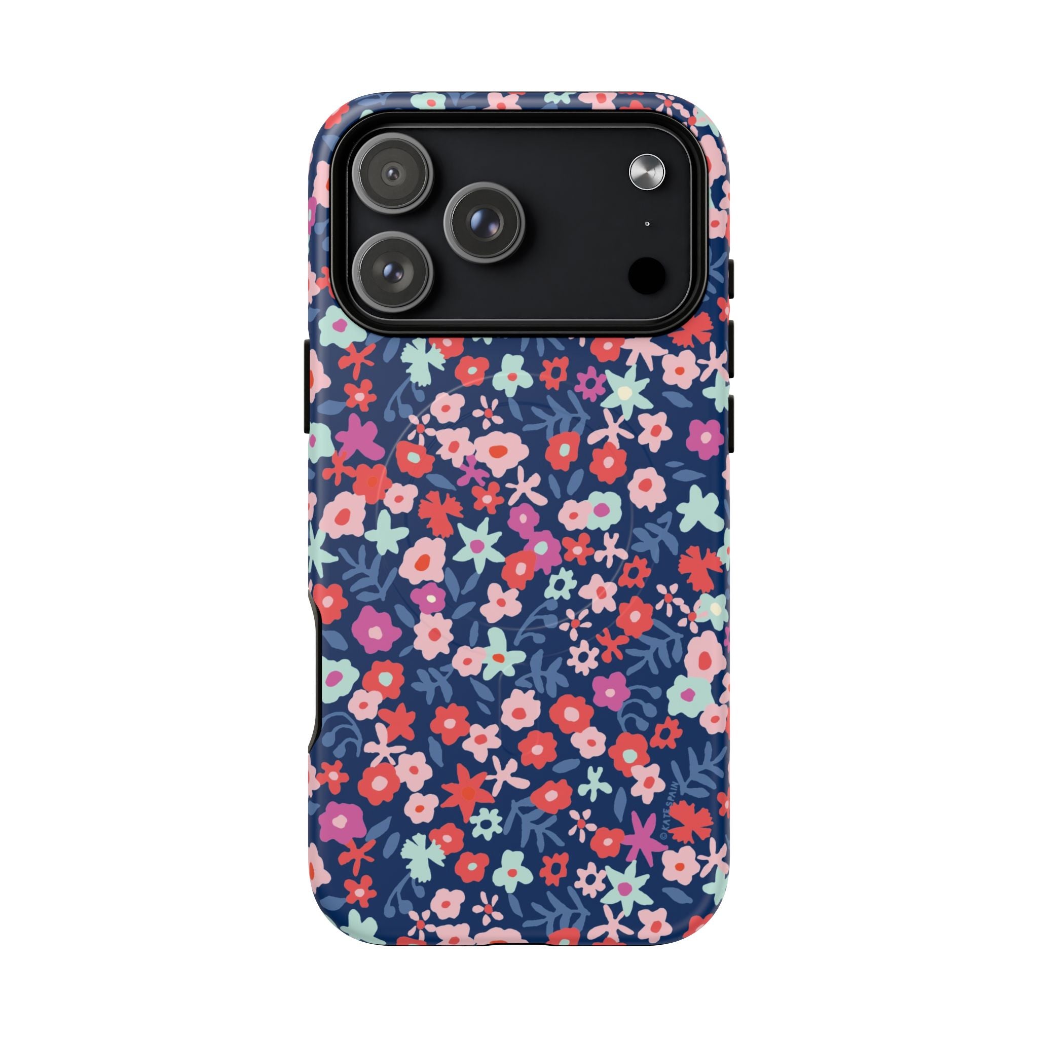 Primrose MagSafe iPhone 17 Pro Max Case – Matte | navy, pink, white ditsy floral print
