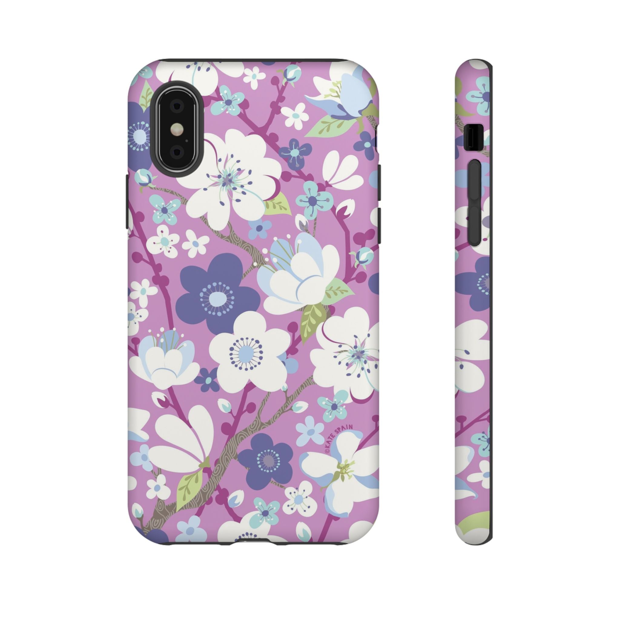 Luxury Cherry Blossom Tough iPhone XS Case – Matte | mauve, purple, blue, white cherry blossom print