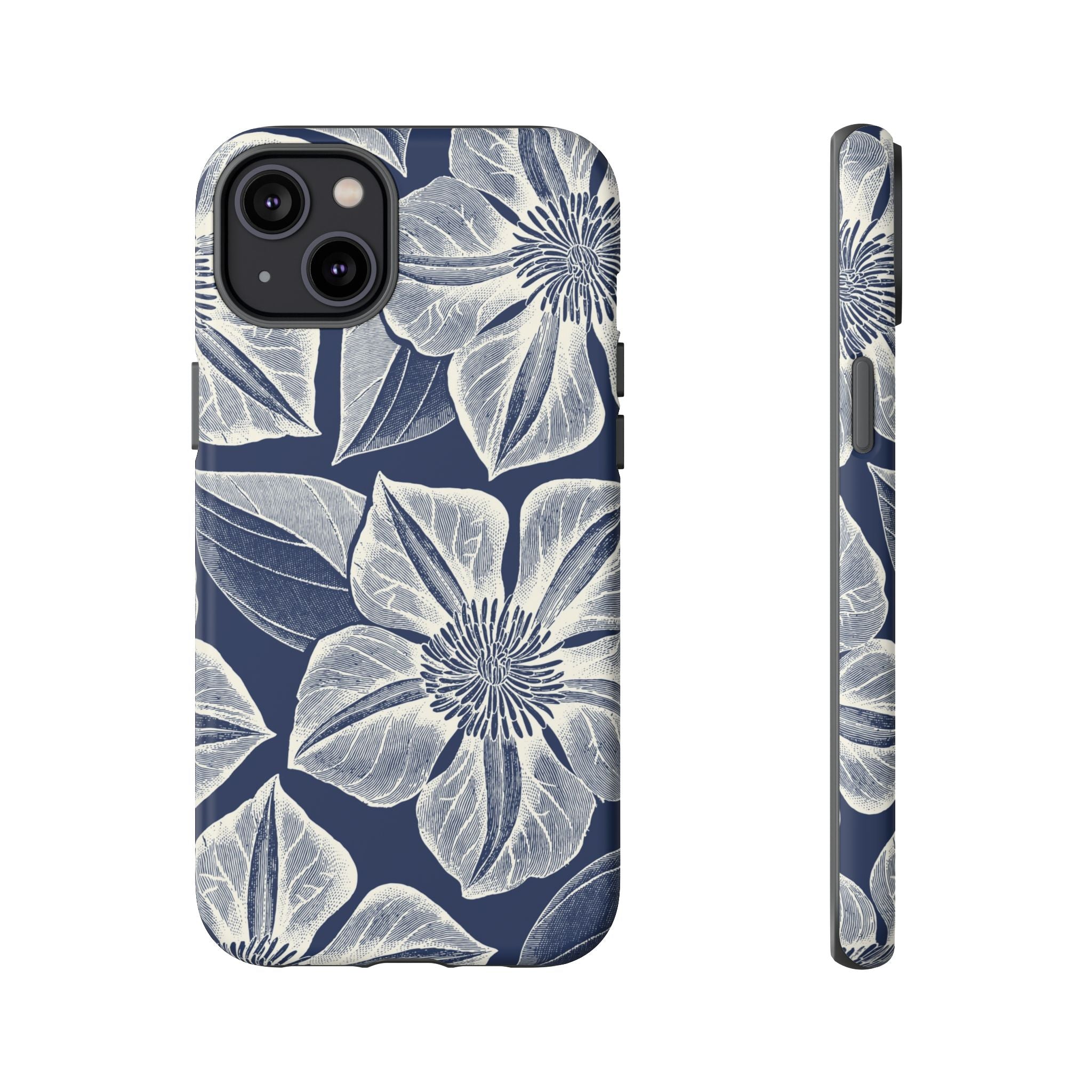 Vintage Bloom Navy iPhone 14 Plus case – Matte | navy ground, large-scale cream clematis print, engraved petal detail, dual-layer protection