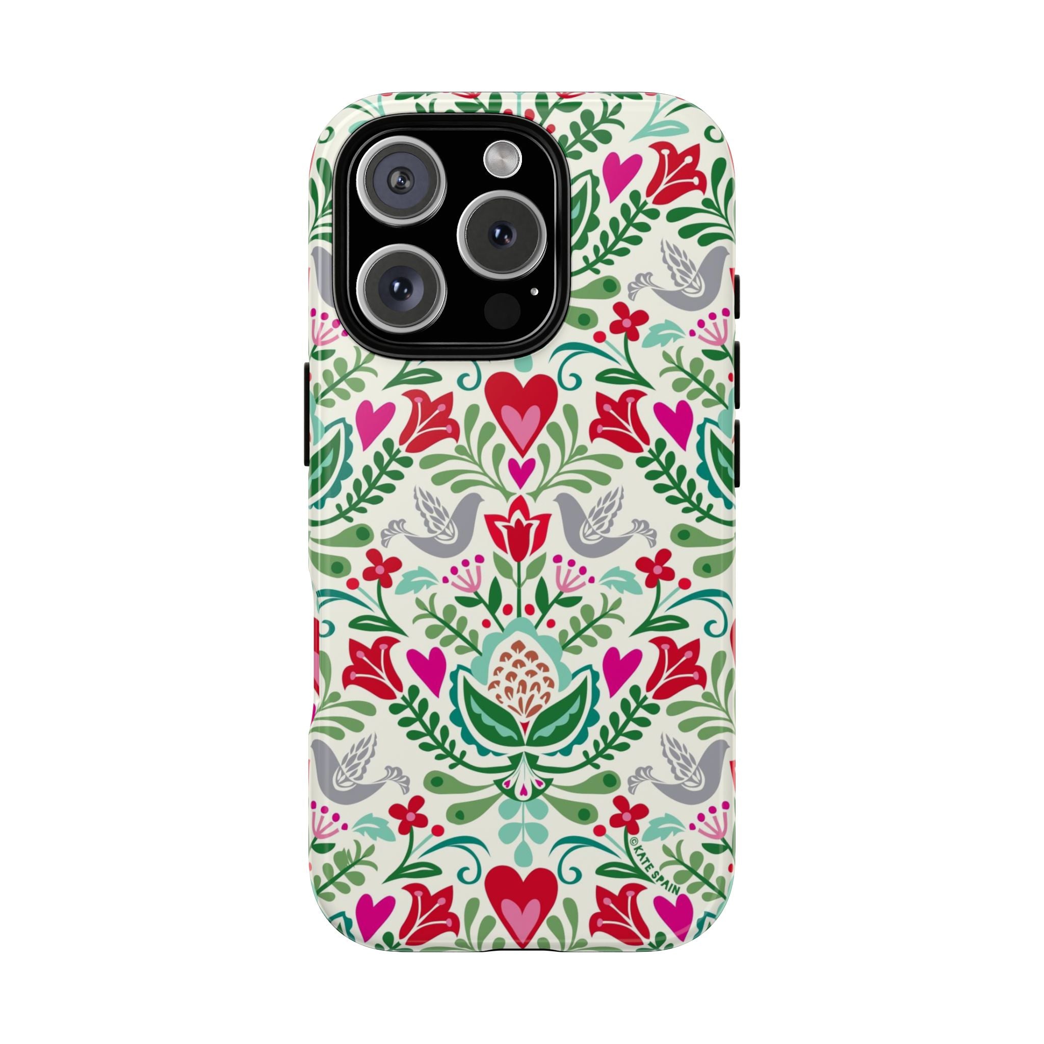 Rosemaling Tough iPhone 16 Pro Max Case – Glossy | cream, red, pink, green, gray folk art floral bird print