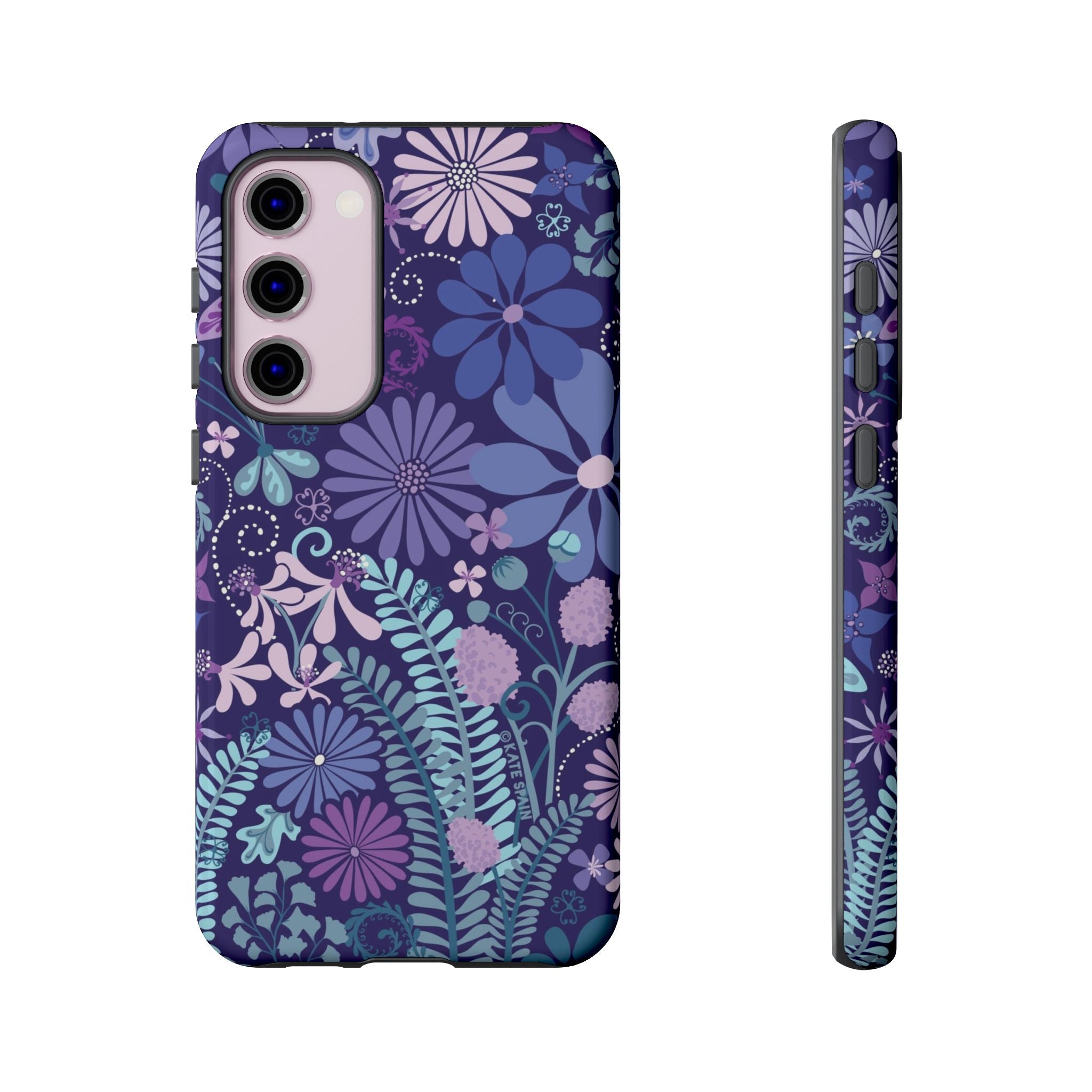 Luxury Terrain Samsung Galaxy S23 Plus Case – Glossy | navy, purple, aqua botanical woodland floral print