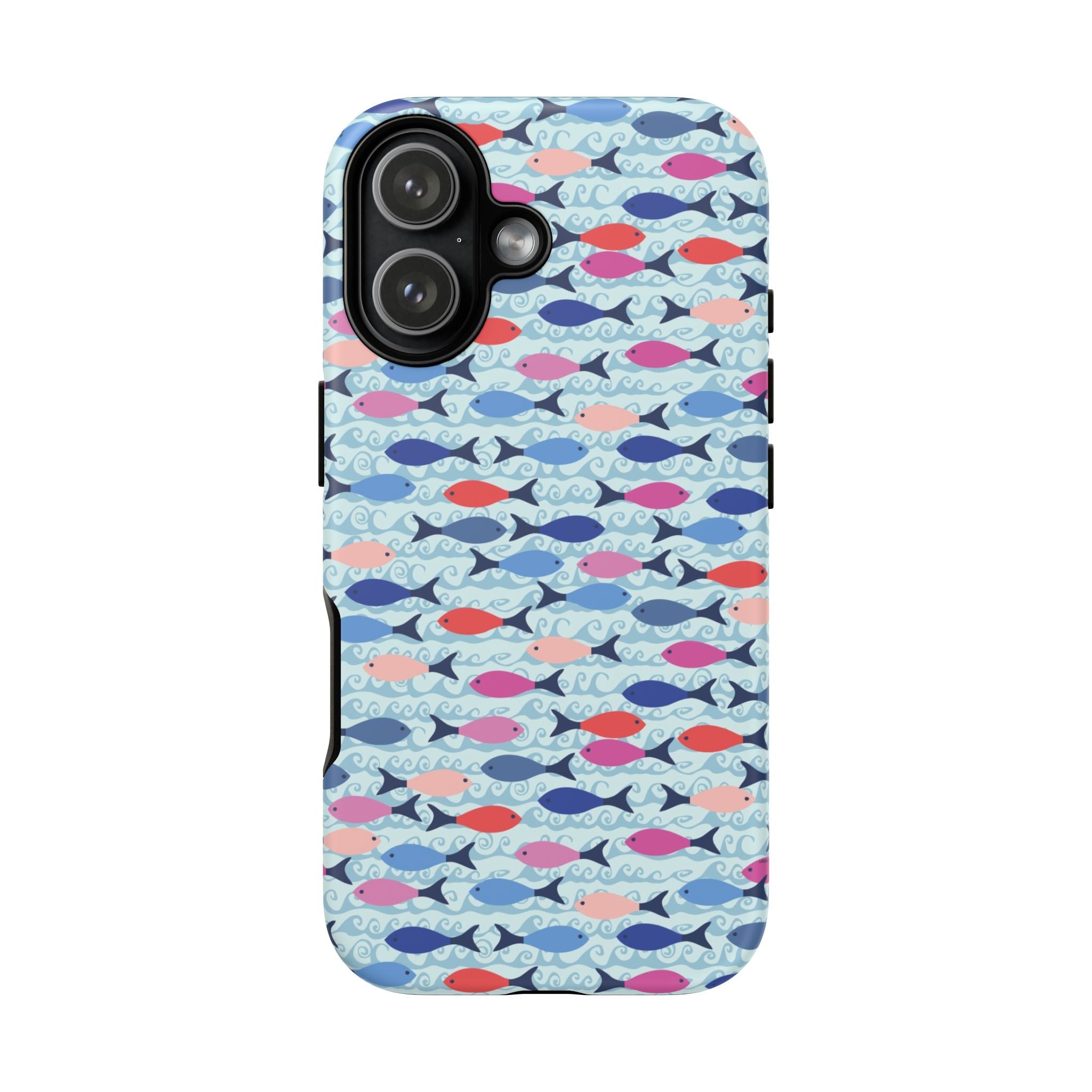 Summer Minnows Tough iPhone 17 Case – Matte | navy, coral, pink, and periwinkle fish on a pale aqua ground