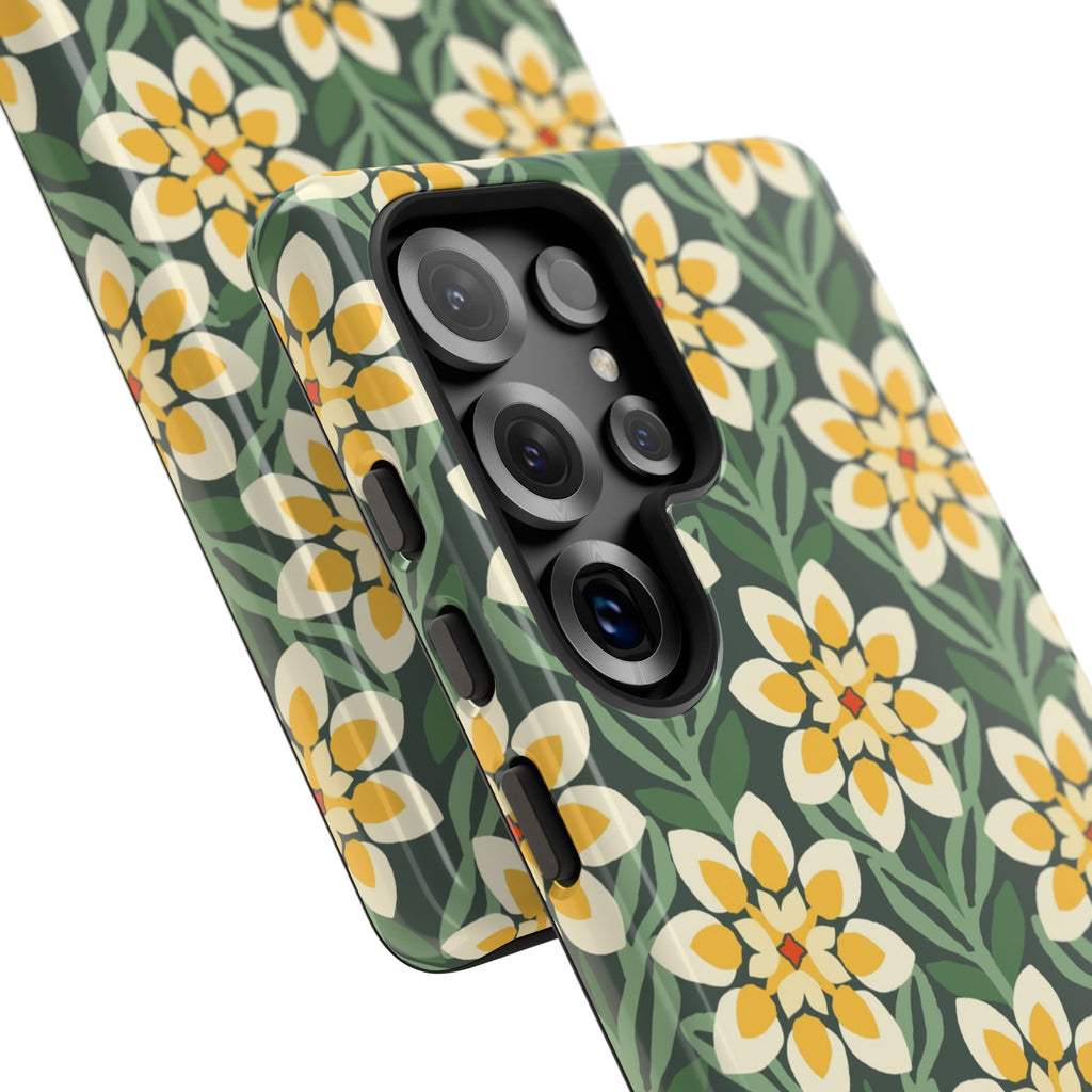 Luxury Modern Dahlia Samsung Galaxy S25 Ultra Case – Glossy | close-up of 5 lenses in camera cutout in case in forest green, yellow, cream modern dahlia print