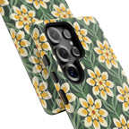 Luxury Modern Dahlia Samsung Galaxy S25 Ultra Case – Glossy | close-up of 5 lenses in camera cutout in case in forest green, yellow, cream modern dahlia print