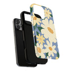 Chamomile MagSafe iPhone 16 Pro Max Case – Dual-layered view of case and inner lining in front of phone, with view of camera cutout and buttons | periwinkle, cream, yellow botanical daisy floral print