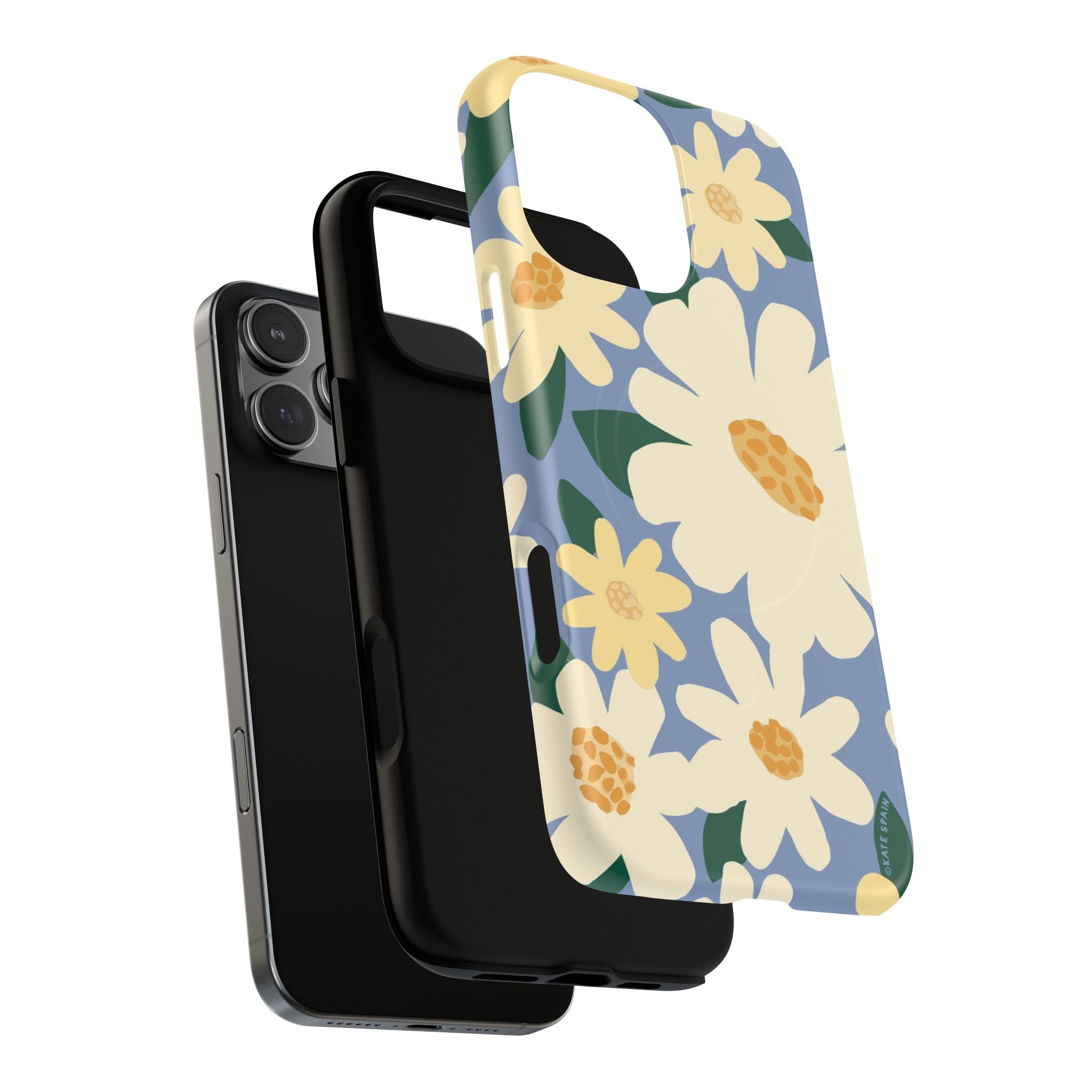 Chamomile MagSafe iPhone 16 Pro Max Case – Dual-layered view of case and inner lining in front of phone, with view of camera cutout and buttons | periwinkle, cream, yellow botanical daisy floral print