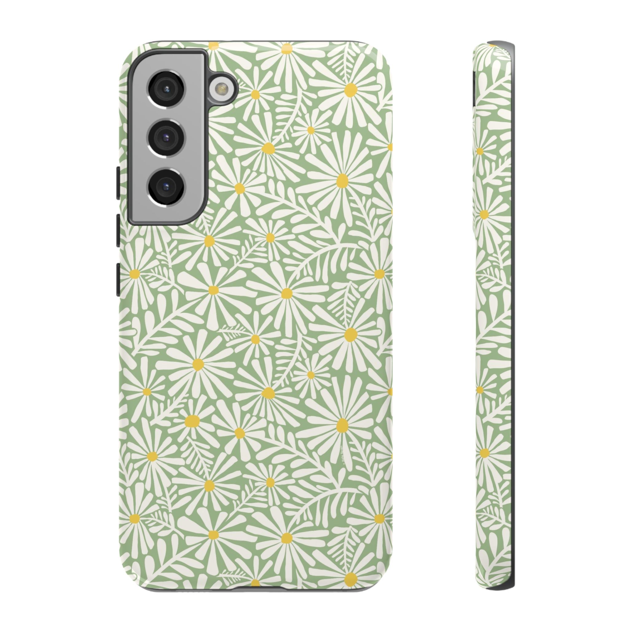Montauk Daisy Meadow Green Samsung Galaxy S22 Plus Glossy case — white daisy and fern print on sage green by Kate Spain