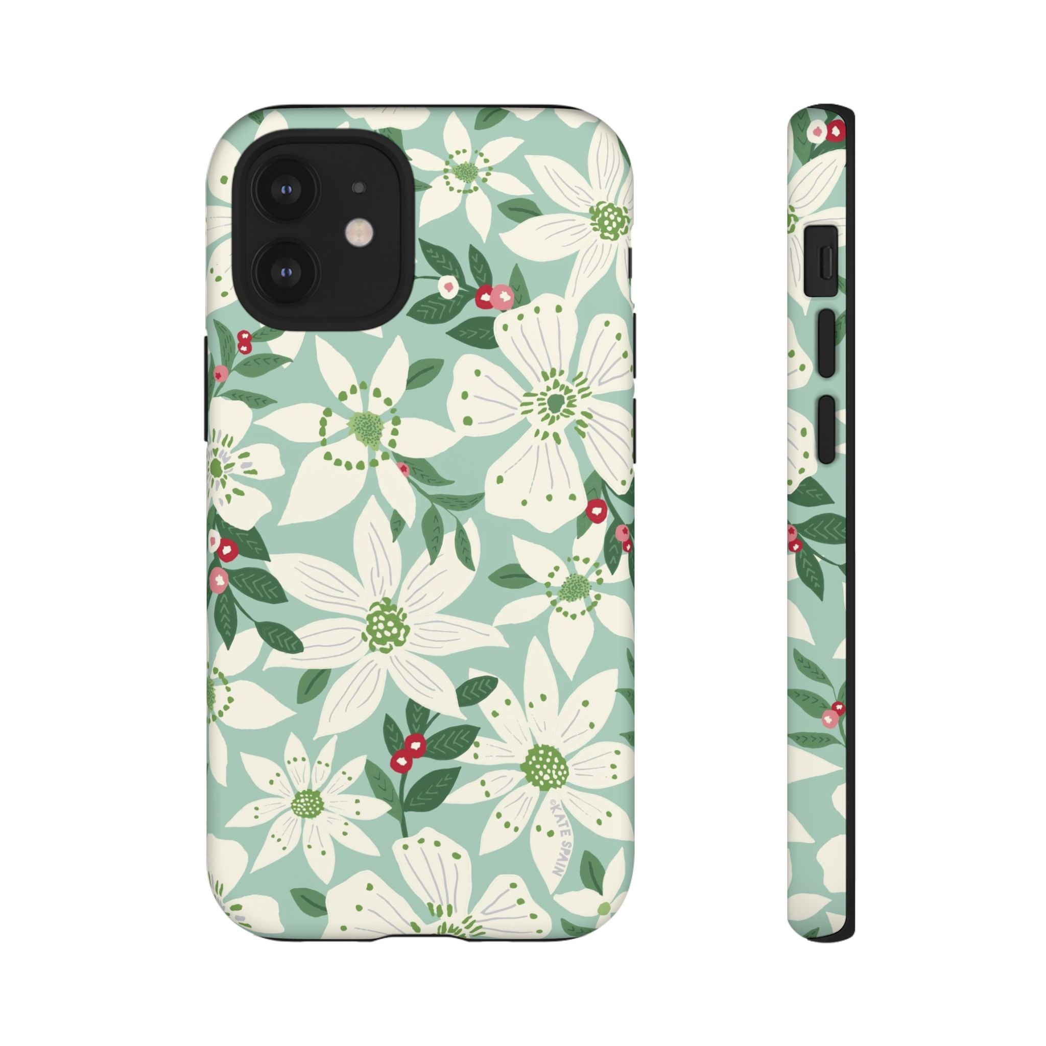 Gardenia Tough iPhone 12 Mini Case – Matte | light blue, white, green, red gardenia botanical print
