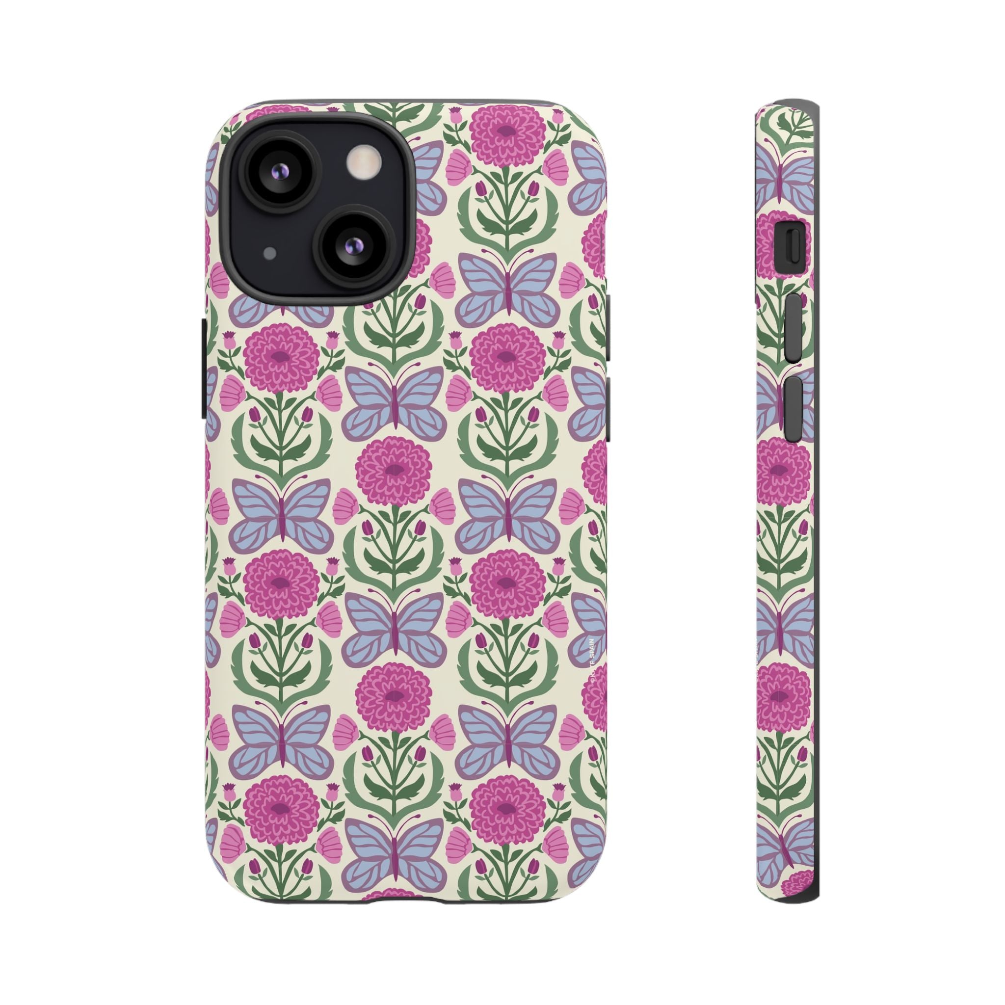 Butterfly Tough iPhone 13 Mini Case – Matte | cream, magenta, periwinkle butterfly floral print
