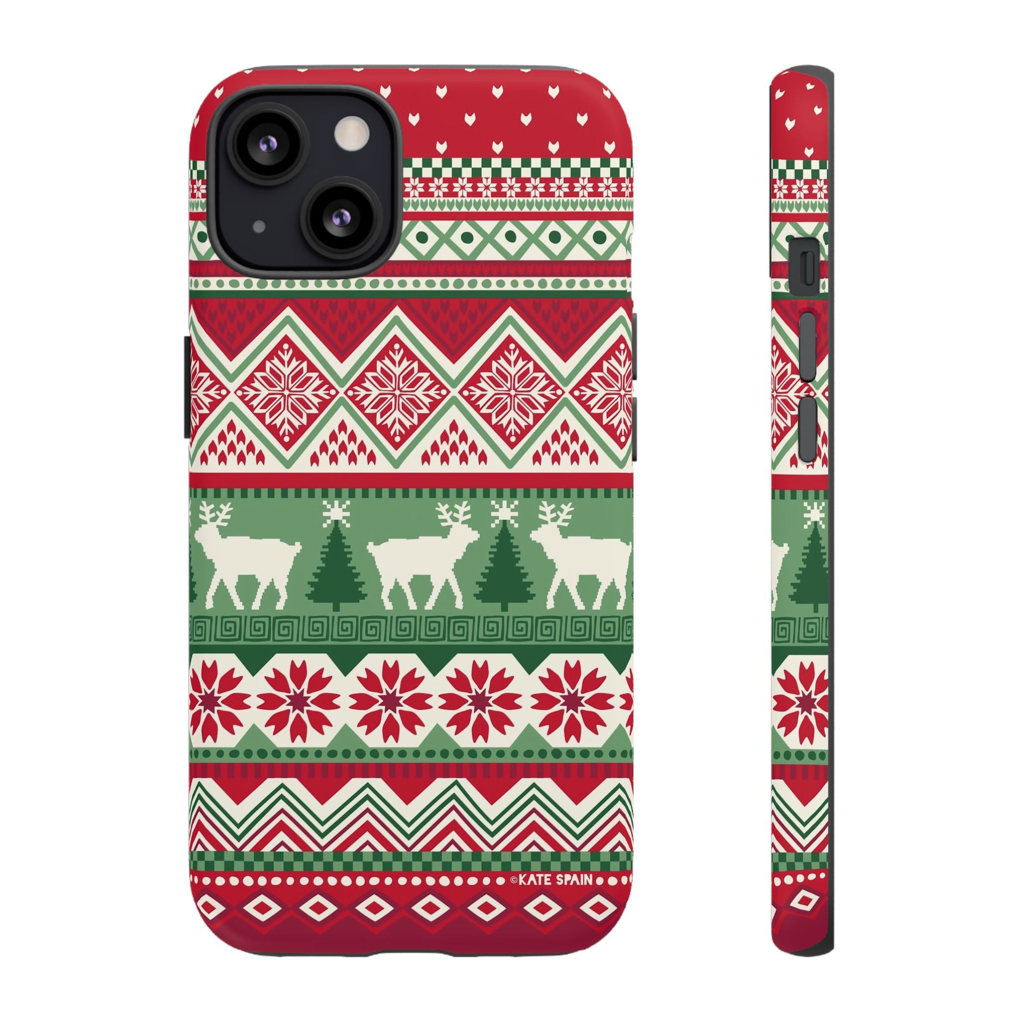 Telemark Tough iPhone 13 Case – Glossy | red, green, cream fair isle reindeer Nordic print