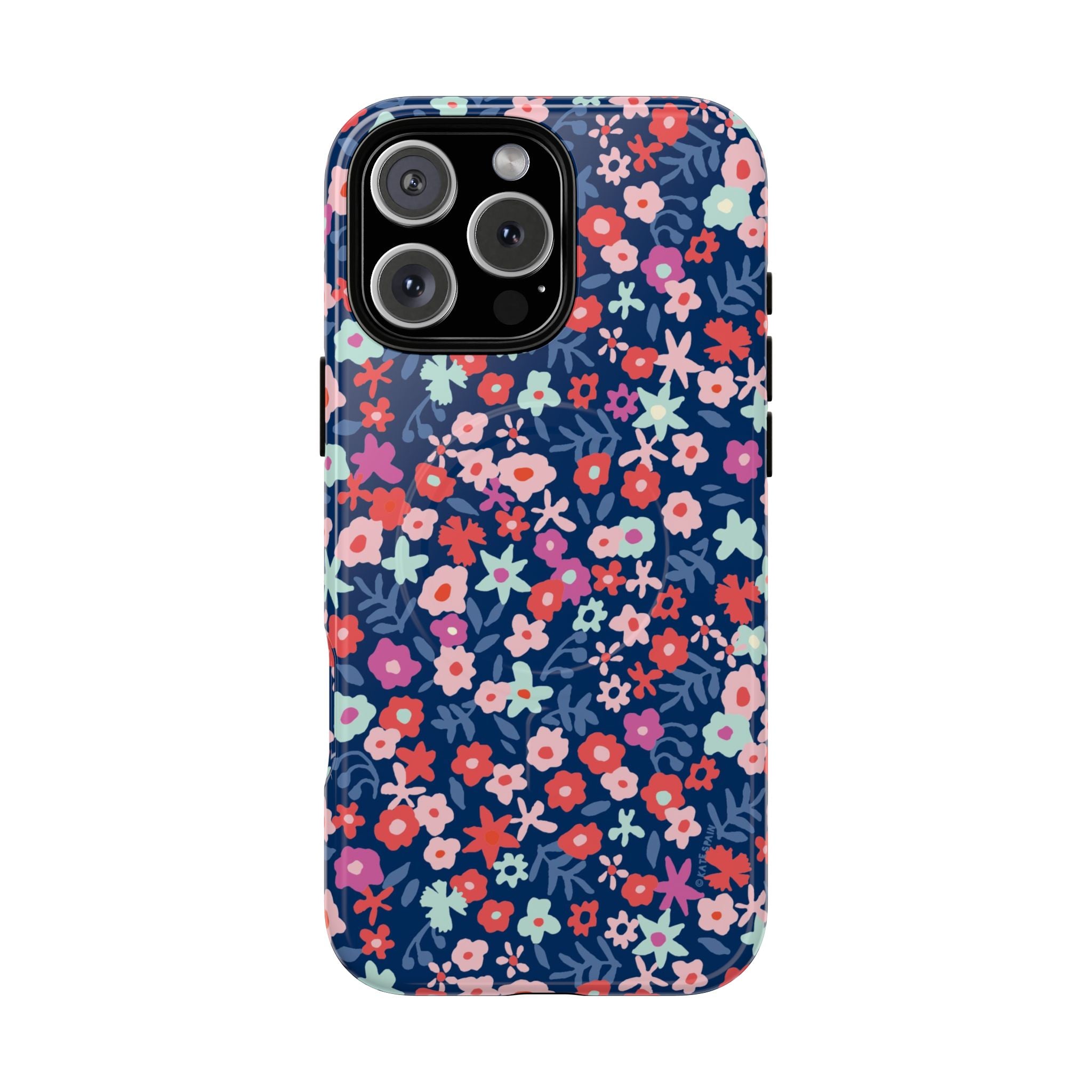 Primrose MagSafe iPhone 16 Pro Max Case – Glossy | navy, pink, white ditsy floral print