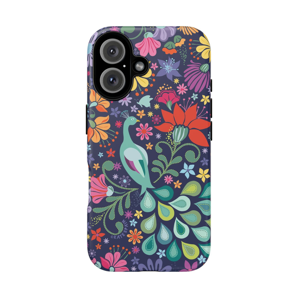 Peacock Sanctuary Tough iPhone 16 Case – Matte | navy, teal, coral multicolor vibrant peacock feather botanical print