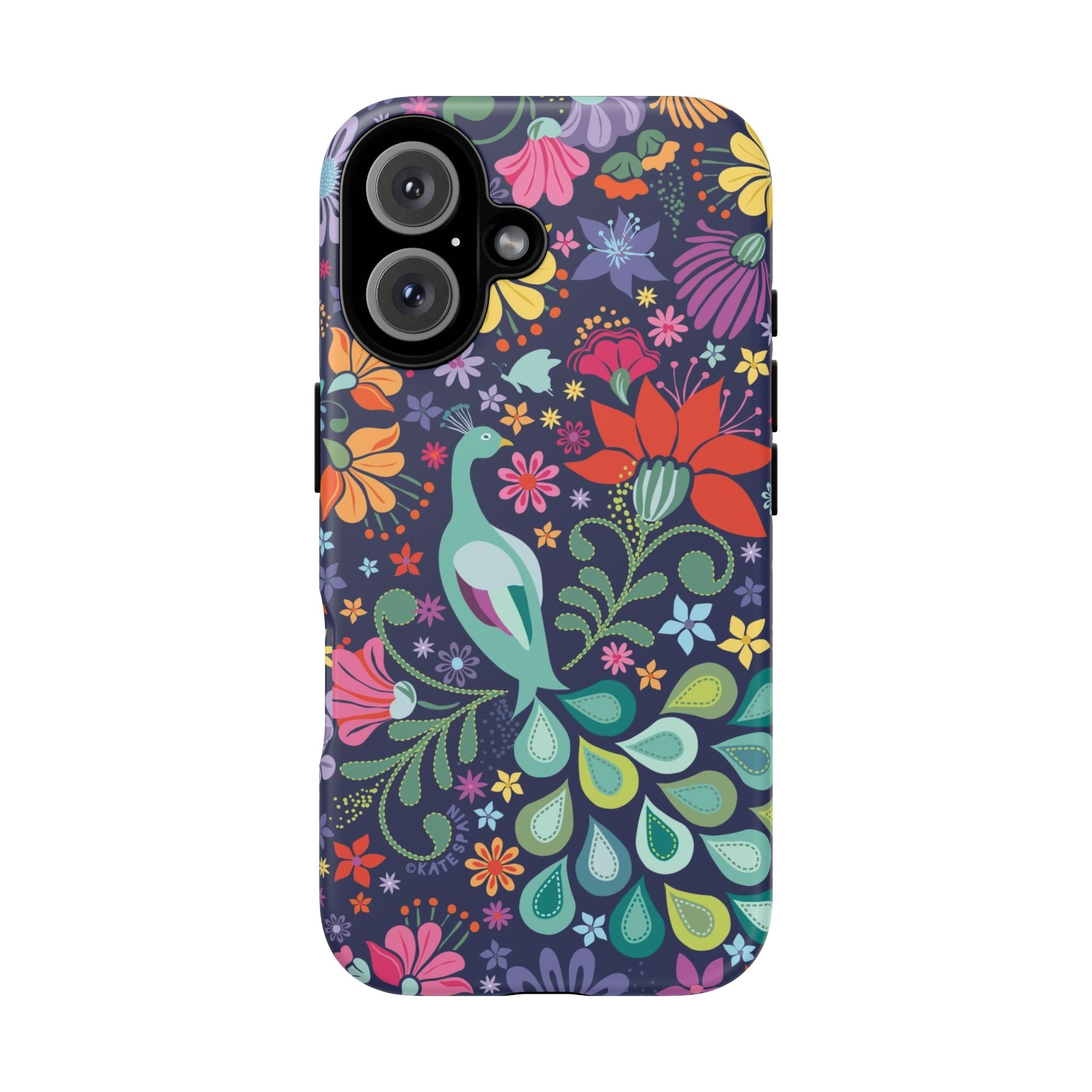 Peacock Sanctuary Tough iPhone 16 Case – Matte | navy, teal, coral multicolor vibrant peacock feather botanical print