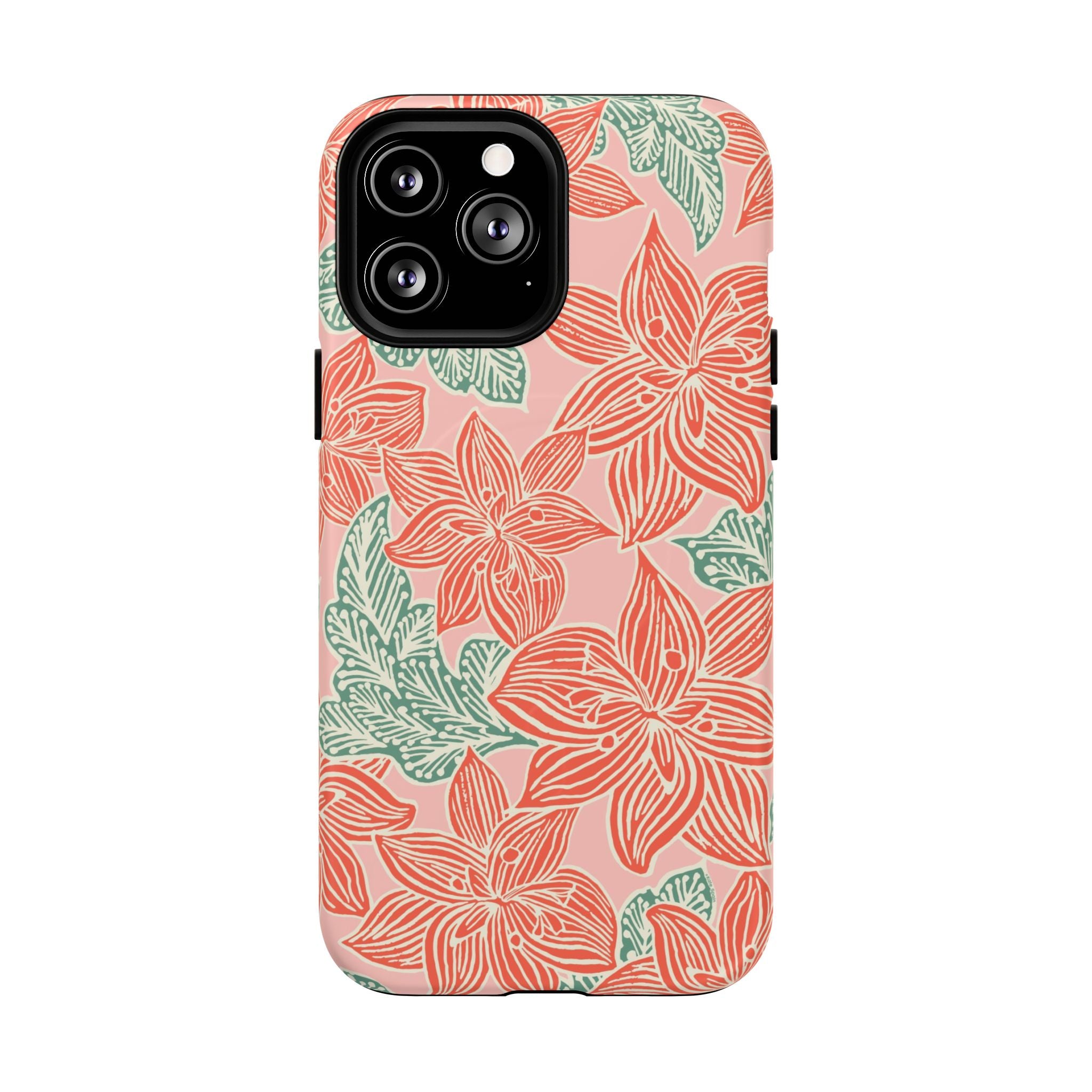 Hibiscus Coral MagSafe iPhone 13 Pro Max Matte Case — blush pink hard case with large-scale coral red hibiscus flowers and teal-green leaves in a bold botanical linework print, densely layered across the surface