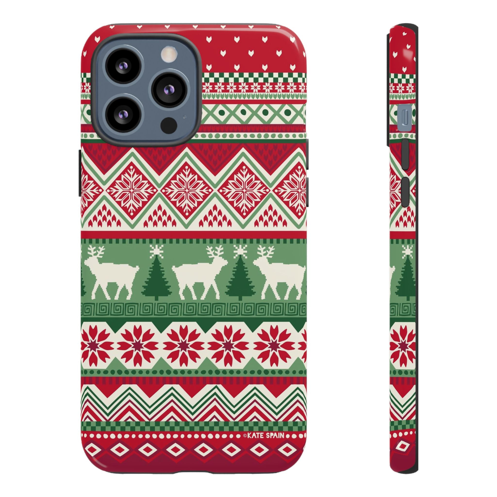 Telemark Tough iPhone 13 Pro Max Case – Glossy | red, green, cream fair isle reindeer Nordic print