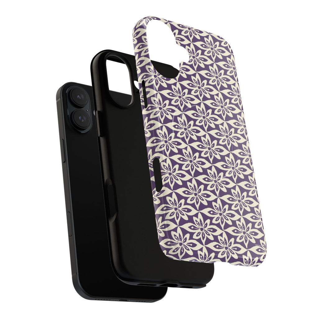 Lily Plum MagSafe iPhone 16 Pro Max Case – Glossy | dual-layer construction detail showing case and inner lining with camera cutout and buttons — botanical MagSafe case by Kate Spain