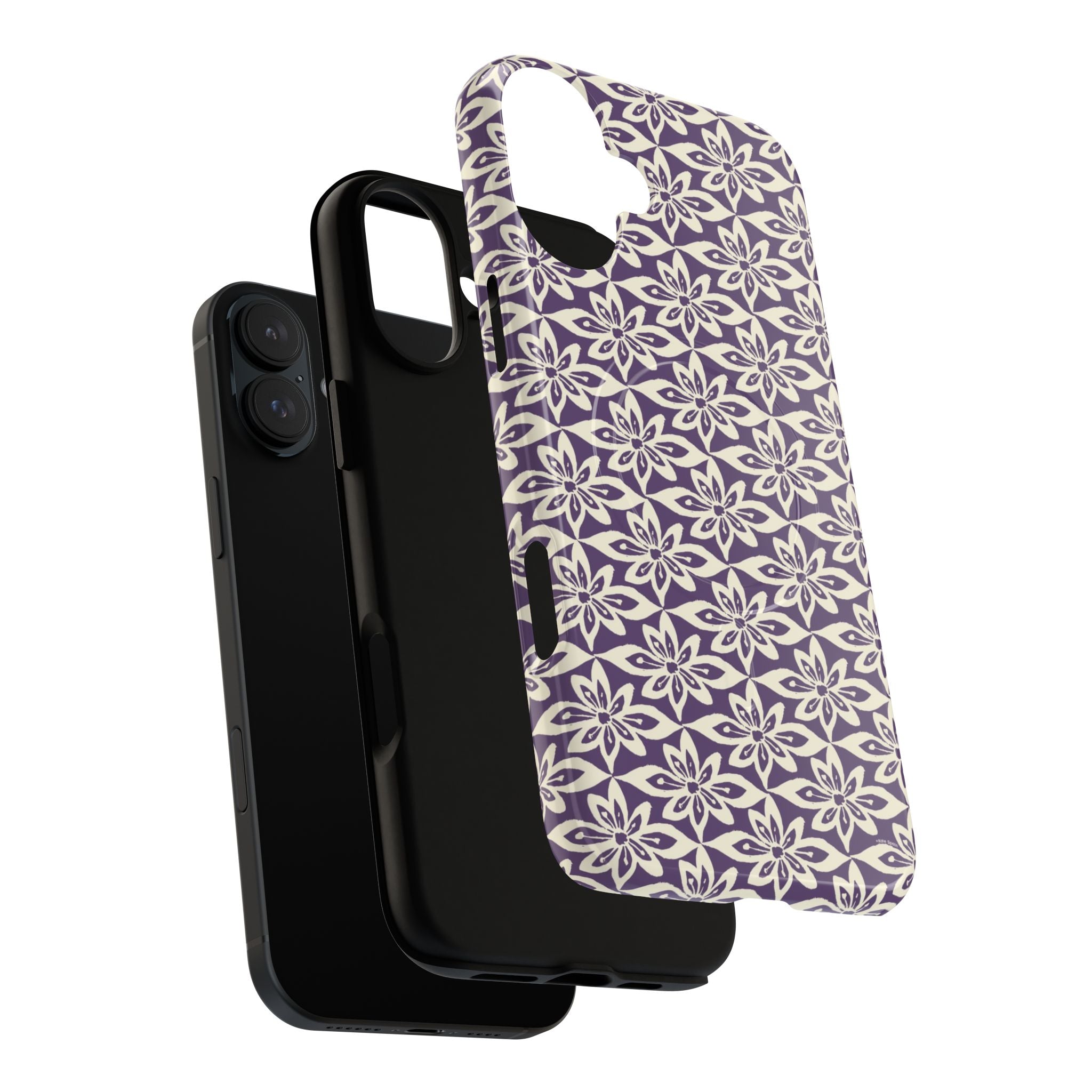 Lily Plum MagSafe iPhone 16 Pro Max Case – Glossy | dual-layer construction detail showing case and inner lining with camera cutout and buttons — botanical MagSafe case by Kate Spain