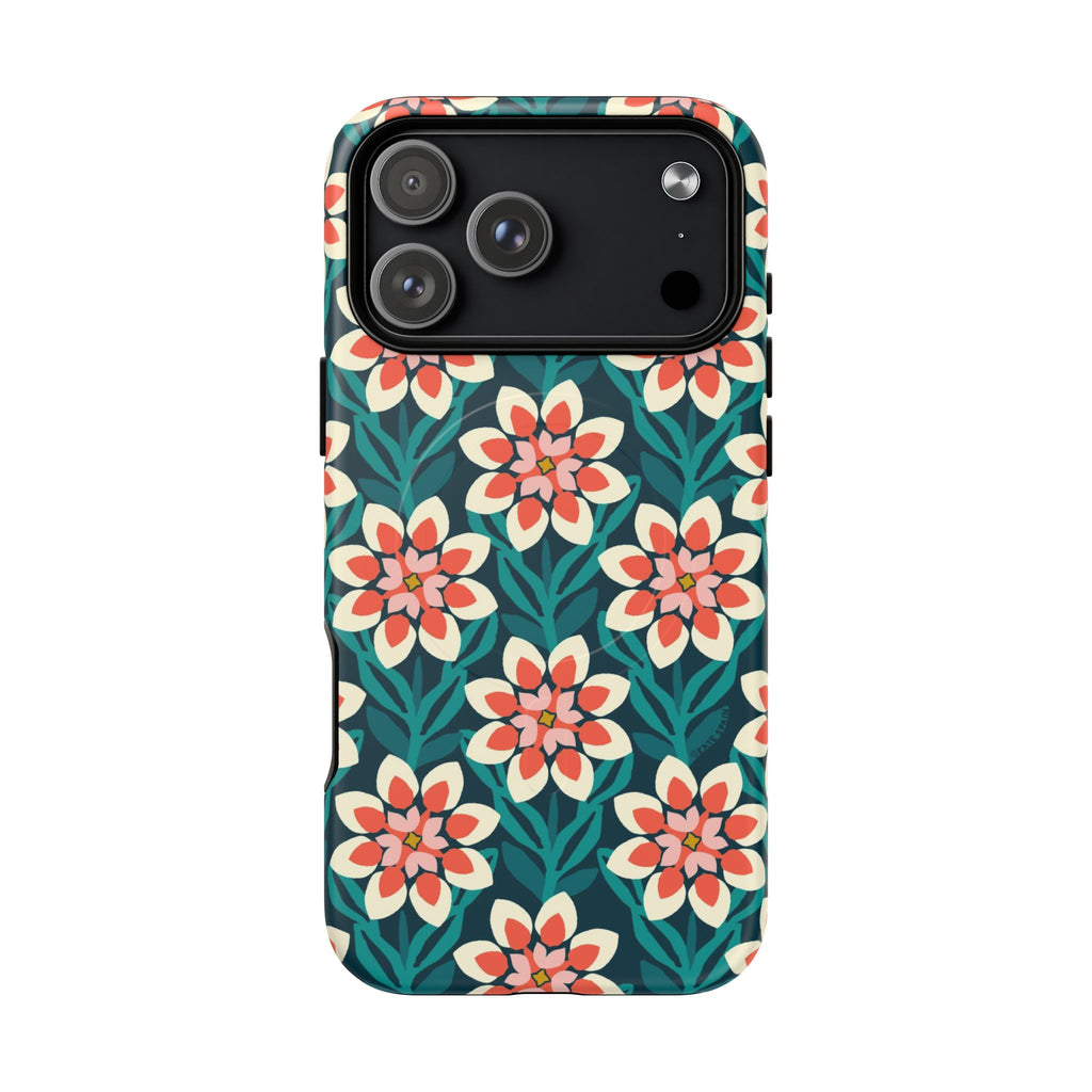 Modern Dahlia MagSafe iPhone 17 Pro Max Case – Matte | teal, coral, cream botanical dahlia floral print
