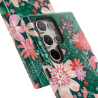 Tropical Bonaire Samsung Galaxy S24 Ultra Case – Glossy | 5 camera lenses on phone in protective case in jade, pink, white tropical floral botanical print