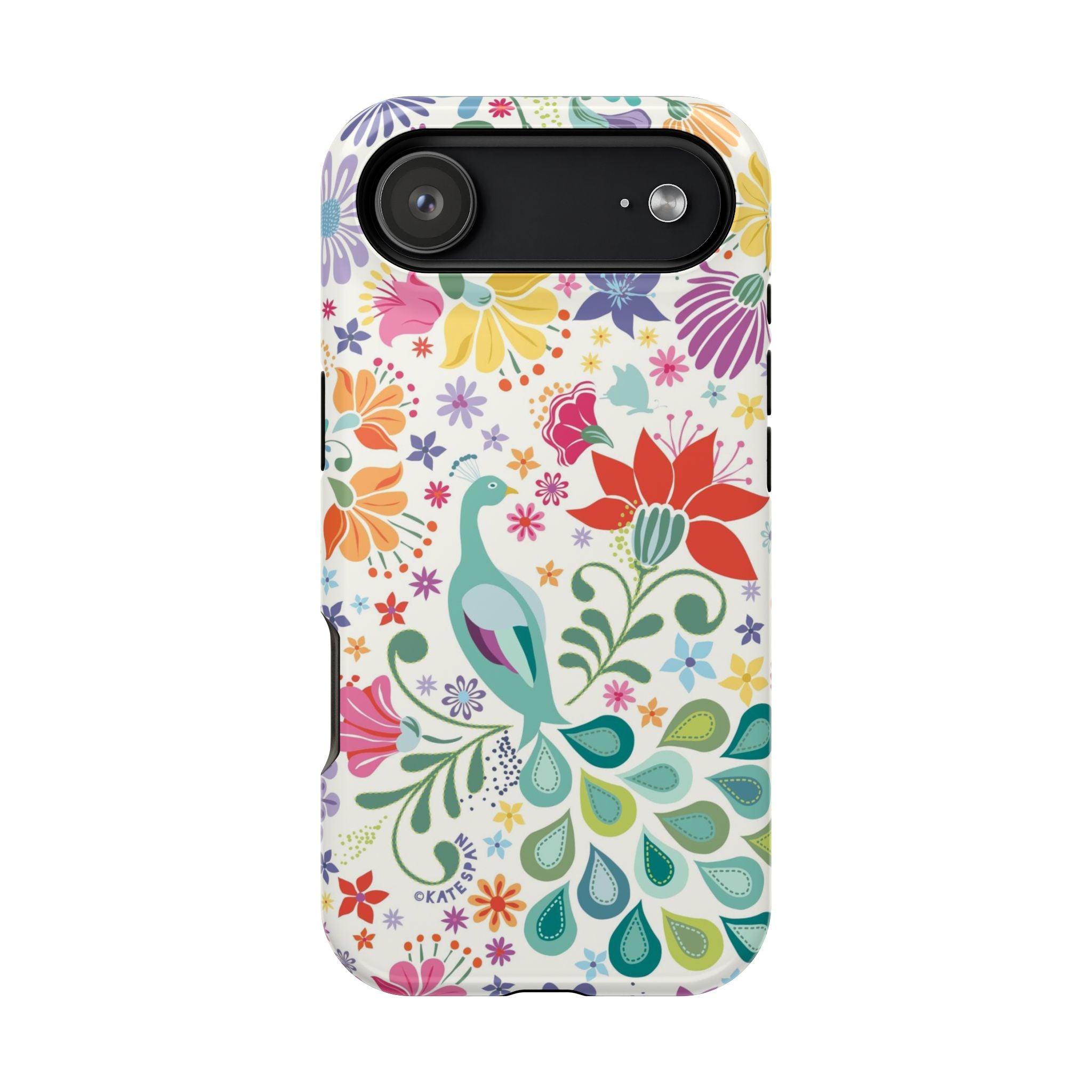 Peacock Sanctuary MagSafe iPhone 17 Air Case – Glossy | ivory, teal, navy peacock botanical print MagSafe compatible, dual-layer protection