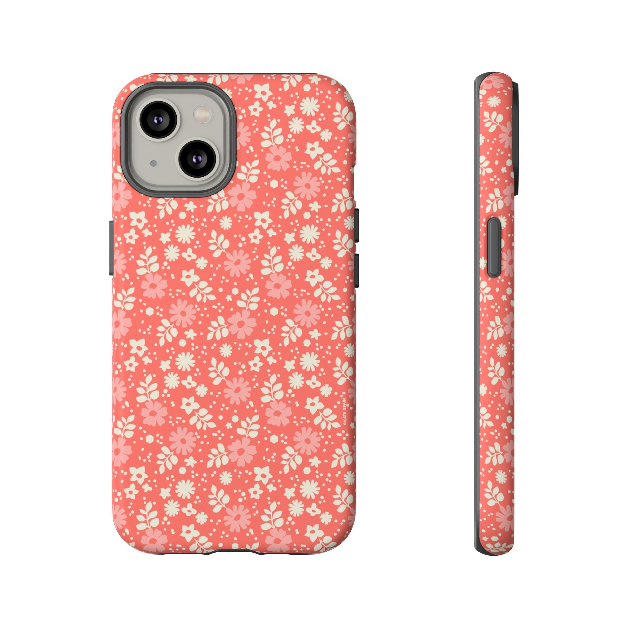 Petaline Tough iPhone 14 Case – Matte | coral, pink, cream ditsy floral print