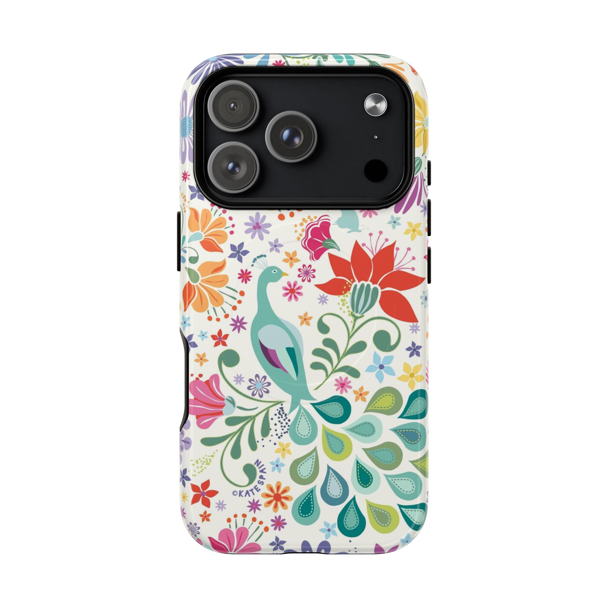 Peacock Sanctuary MagSafe iPhone 17 Pro Case – Glossy | cream, teal, coral multicolor vibrant peacock feather botanical print