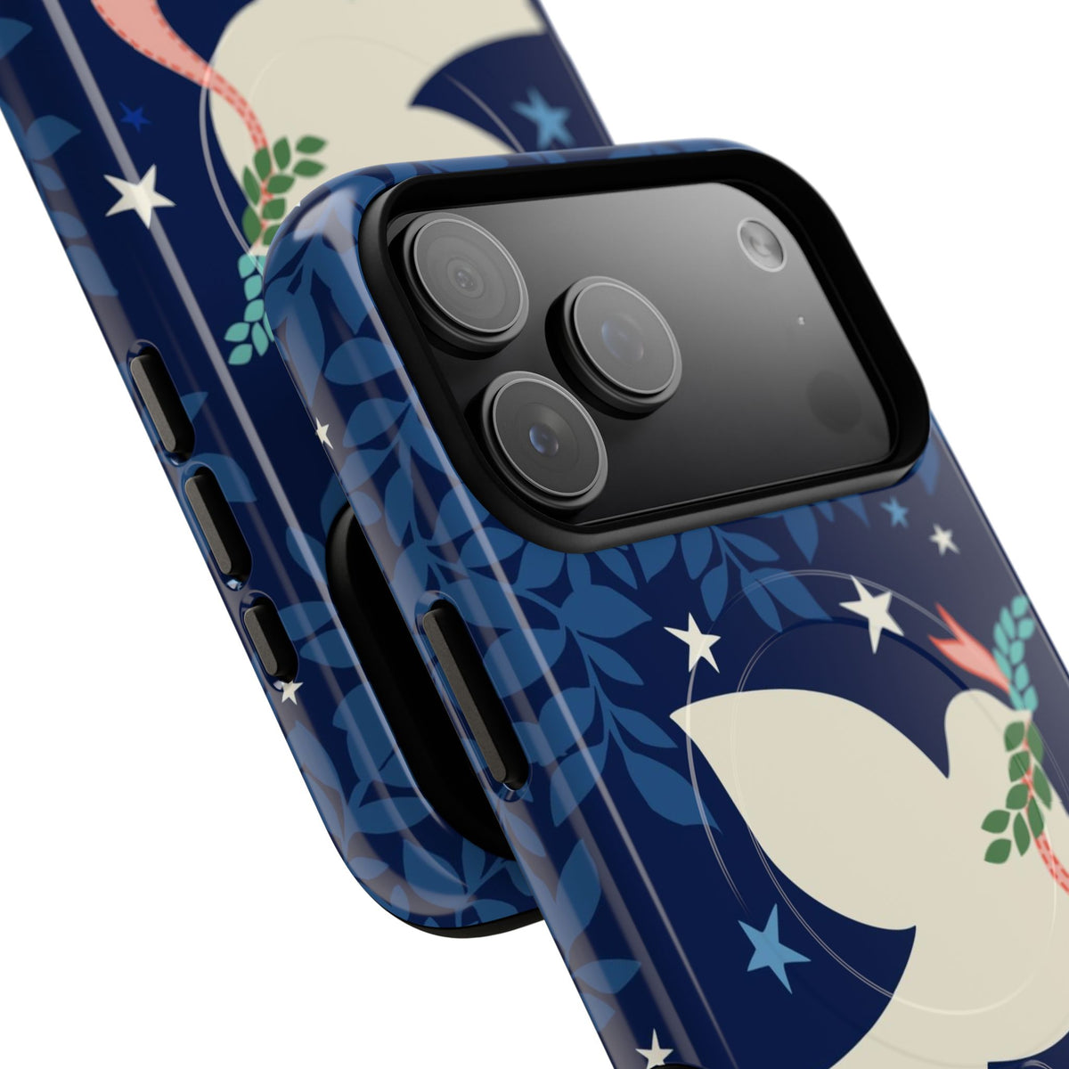 Peace MagSafe iPhone Case – detail view of case, camera cutout and buttons | navy, cream peace dove, stars, botanical print