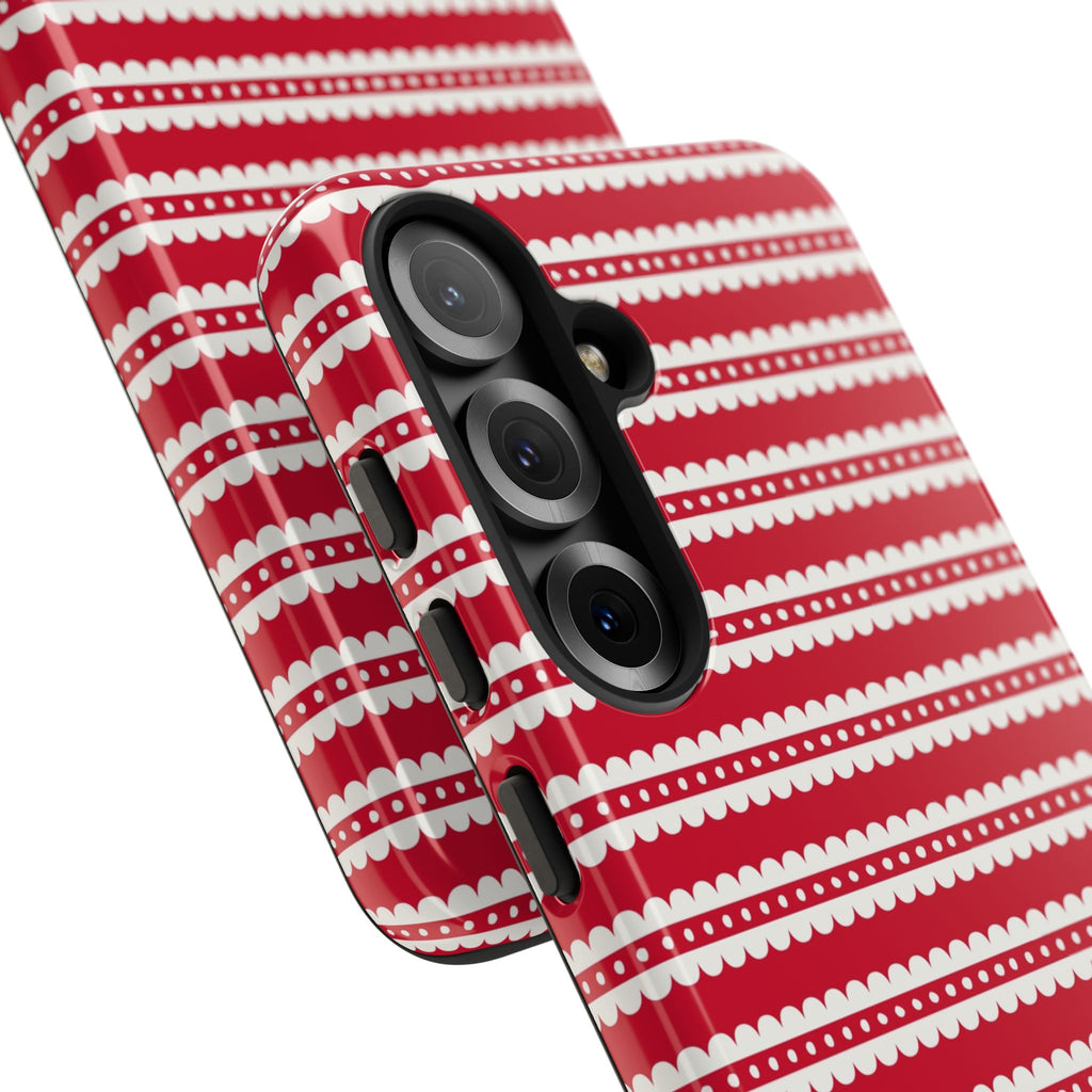 Candy Cane Stripe Samsung Galaxy S25 Plus Case – side view showing 3 camera lenses | red, cream scalloped candy cane stripe print