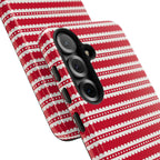 Candy Cane Stripe Samsung Galaxy S25 Plus Case – side view showing 3 camera lenses | red, cream scalloped candy cane stripe print
